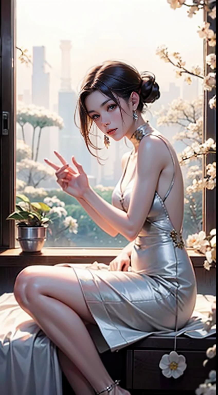(Chinese immortals), (Buddhism), Multip_Hands,(mythological stories), (bodhisattva), She sits on a lotus, (Three hands on the left,Three hands on the right, Each hand holds a different Buddhist vessel, left right symmetry),(Delicate and beautiful face), (White silk robe)sitting on a lotus flower, Frontal photo,Light smile, neo-classical, OP Art, Chiaroscuro, Cinematic lighting, god light, Ray tracing, character sheets, projected inset, first person perspective, hyper HD, Masterpiece, ccurate, Textured skin, Super detail, High details, High quality, Award-Awarded, Best quality, A high resolution, 8K