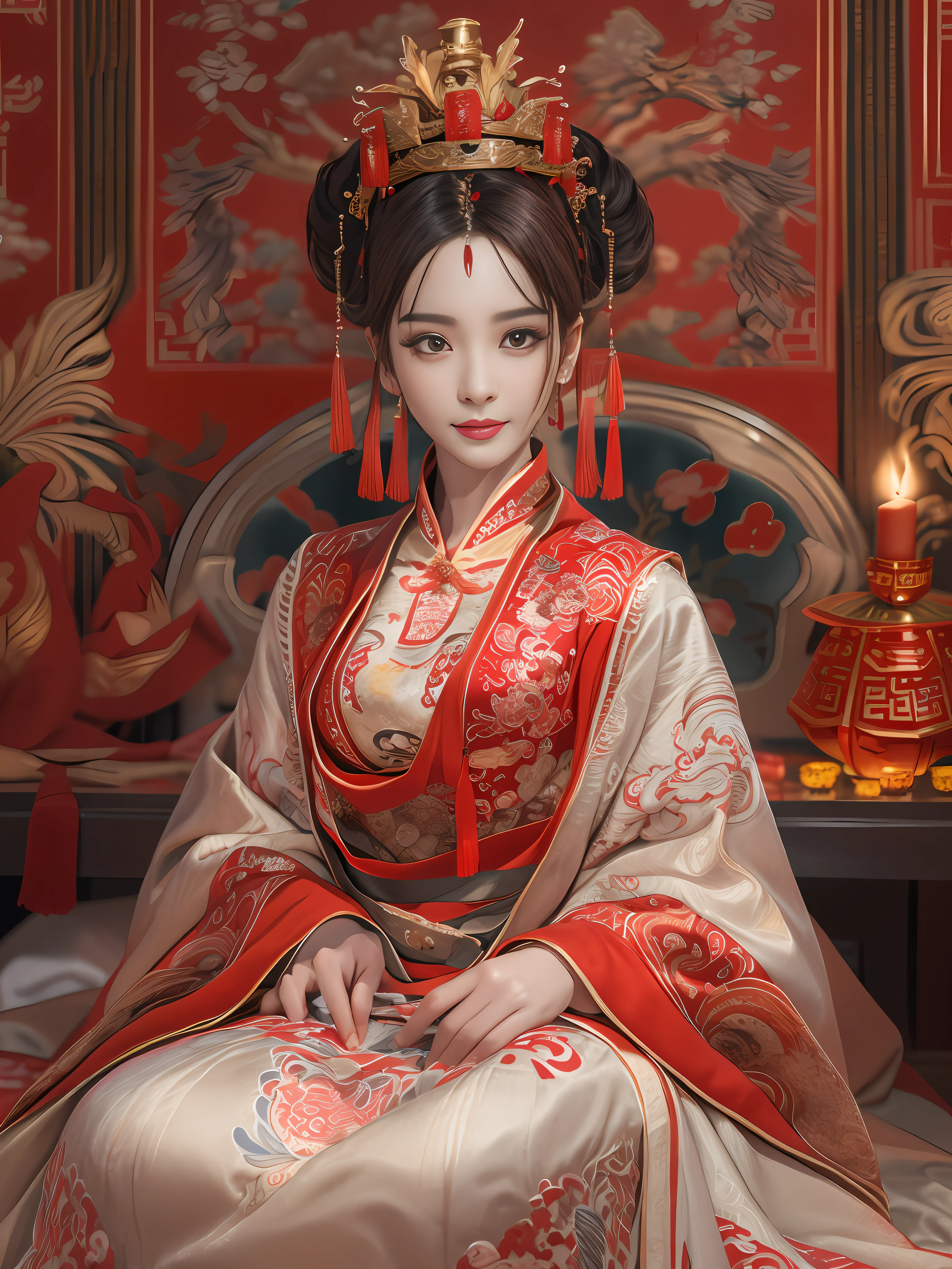 (Best quality: 1.1), (Realistic: 1.1), (Photography: 1.1), (highly details: 1.1), A woman wears a red and gold dress，Woman with a crown on her head, A hair stick, (sitting on red bed), Blushing, Shy, black_Hair, crown, Looking down, (2 red candles), Chinese_clothes, Curtains, Earrings, Hair_decorations, Hanfu, interiors, jewelry, Long_Sleeves, Red dress, Redlip, nipple tassels, (Red quilt), (red palace: 1.2), (3DMM: 1.5),mix4,