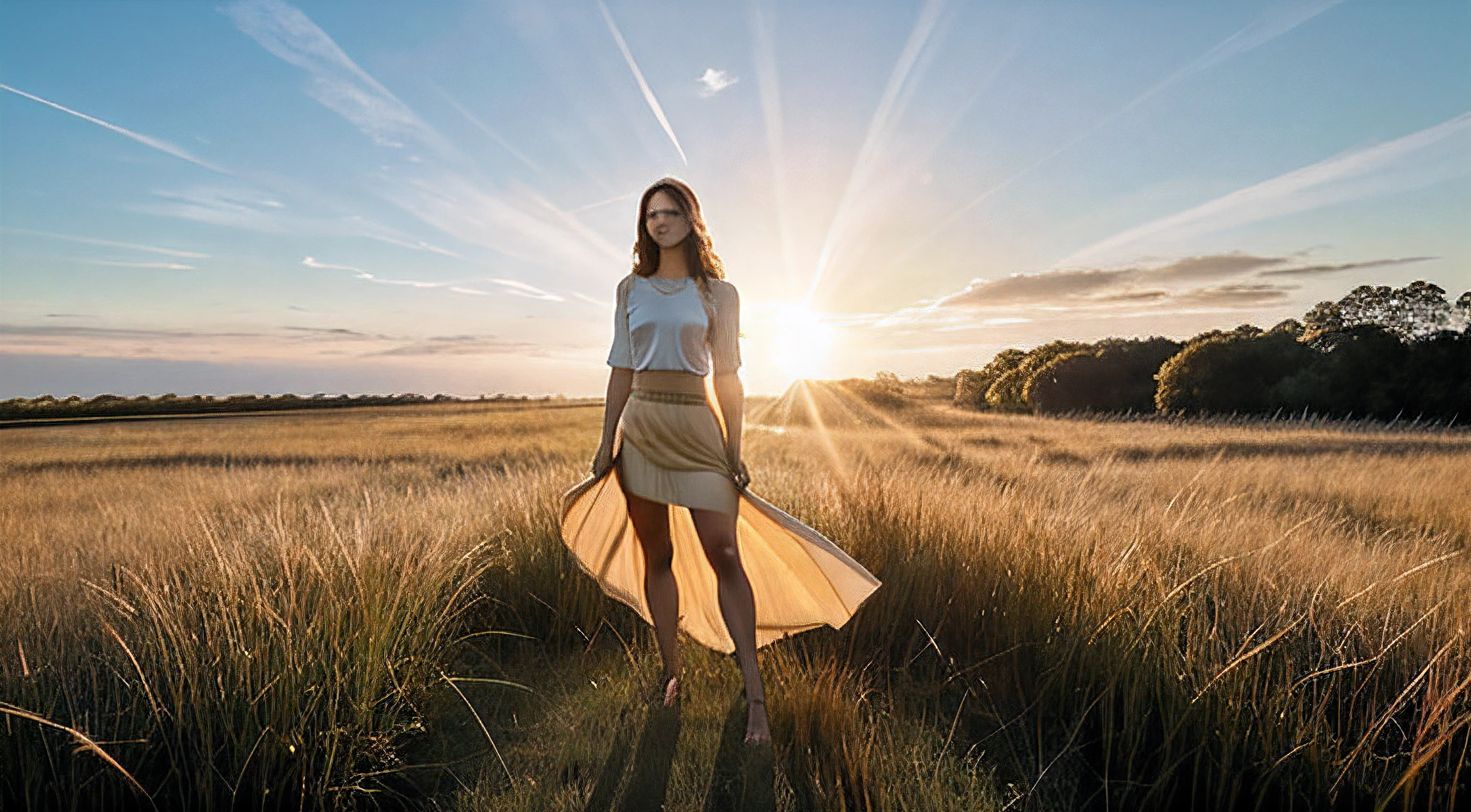 realistic, full body, in a skirt, A sexy young woman stands amidst a field of tall grass, her face illuminated by the soft, golden rays of the setting sun. Her eyes reflect the hues of the horizon, natural light, and her hair seems to glow with an ethereal light.