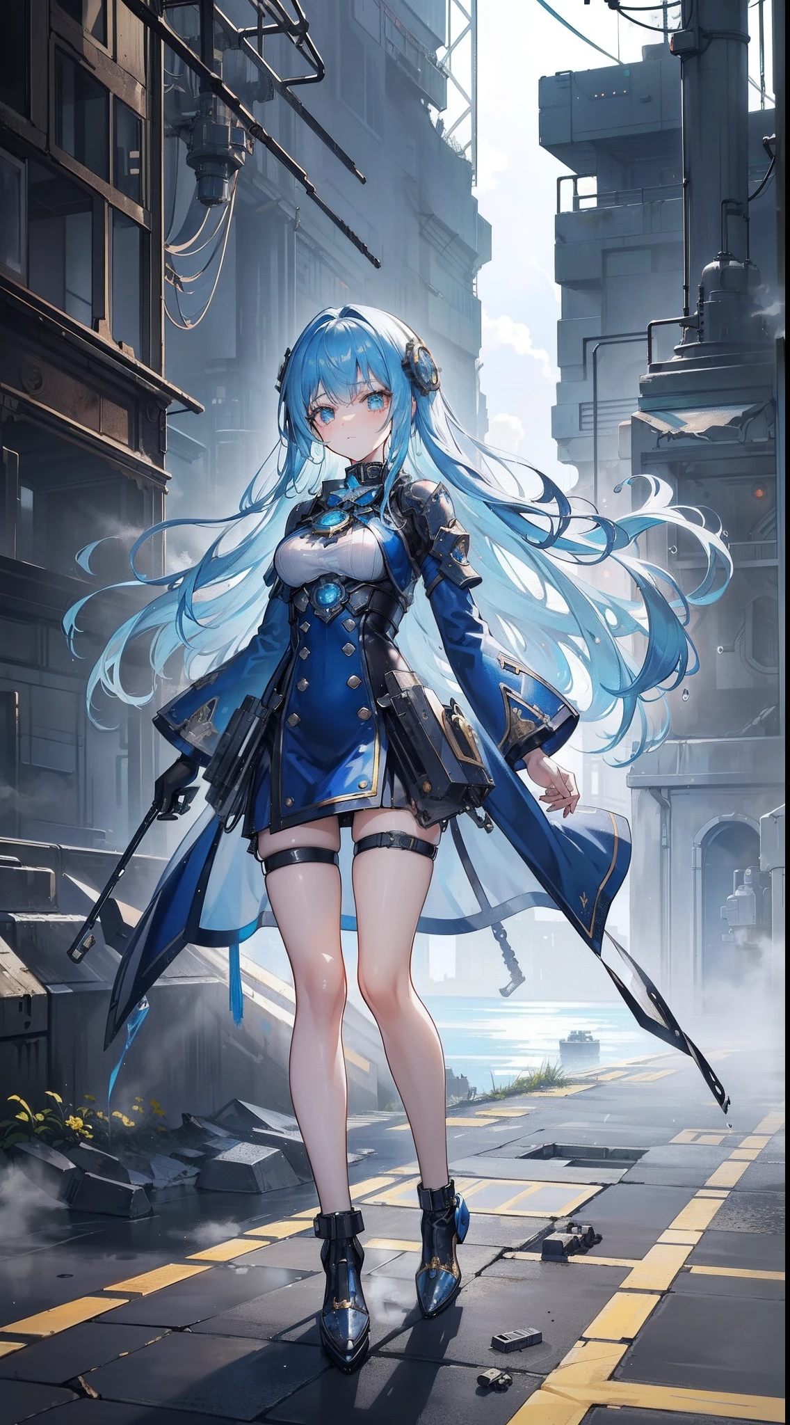 masutepiece, Ultra High Resolution, Top resolution, Accurate rendering, Beautiful and smooth depiction, Overhead view, Very cute woman in anime style, Autumn makeup, Very beautiful eyes, Wearing a high-level dress in steampunk style, Costume with built-in water cooling mechanism, Blue straight hair, ((Intricately designed piping and gear, Sky blue leather coat adorned with countless gears and chronometers, Full body, Abundant steam, by lake)), zoomout, high sky, Galaxy Images, Perspective, ((Faint smile)), Countless luminous drawings, (((A retro European-style industrial city surrounded by rugged valleys, Countless factories, An industrial city built with countless gears and pipes, Bright city decorated with nixie lights, Steam overflow, Spatial expanse, Sunlight is covered with steam, Random structure))), (((collapse, radiant light, Splash expression))), Cleanly rendered, Smooth Rendering, Detailed rendering, ink drops, Anticipation of destruction,