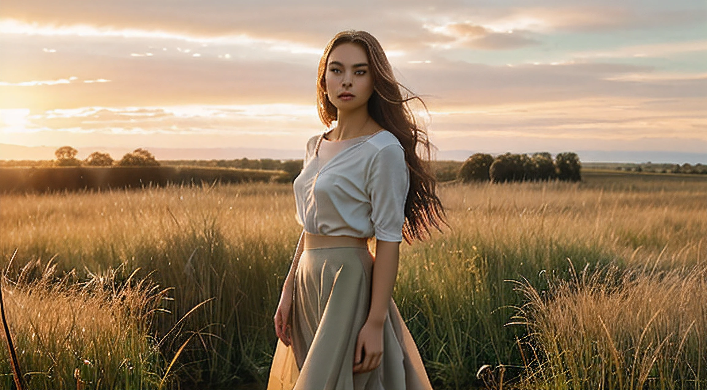 realistic, full body, in a skirt, A sexy young woman stands amidst a field of tall grass, her face illuminated by the soft, golden rays of the setting sun. Her eyes reflect the hues of the horizon, natural light, and her hair seems to glow with an ethereal light.