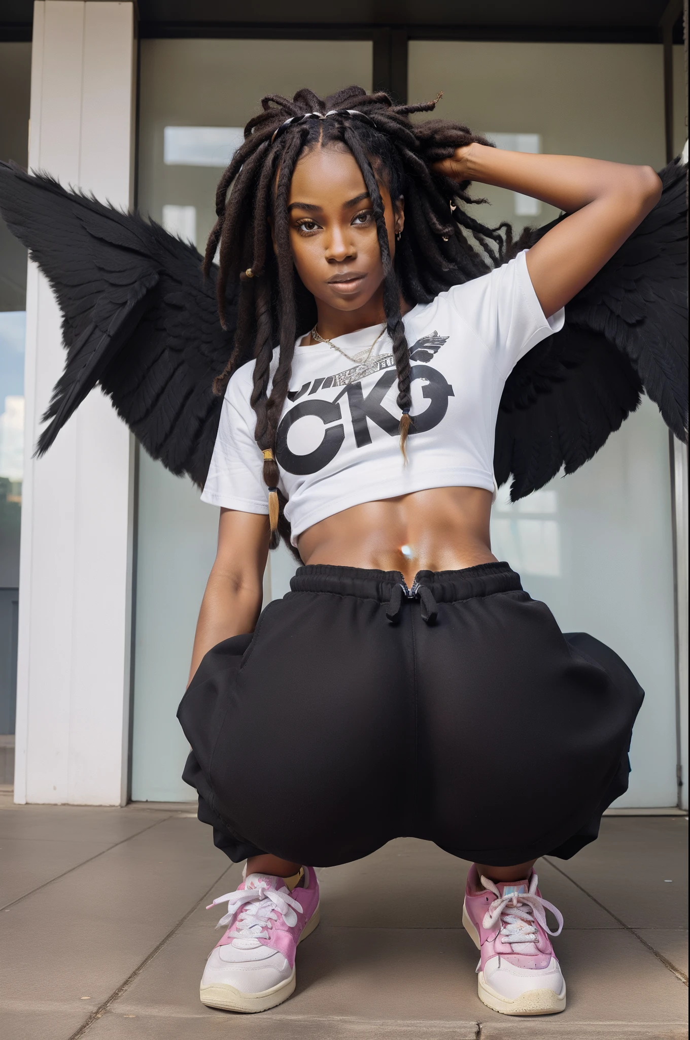 Flying black female angel with huge wings wearing baggy saggy urban clothing nike sneakers and dreadlock hair low crouch dip crowning low twerking flex her theighs glutes
