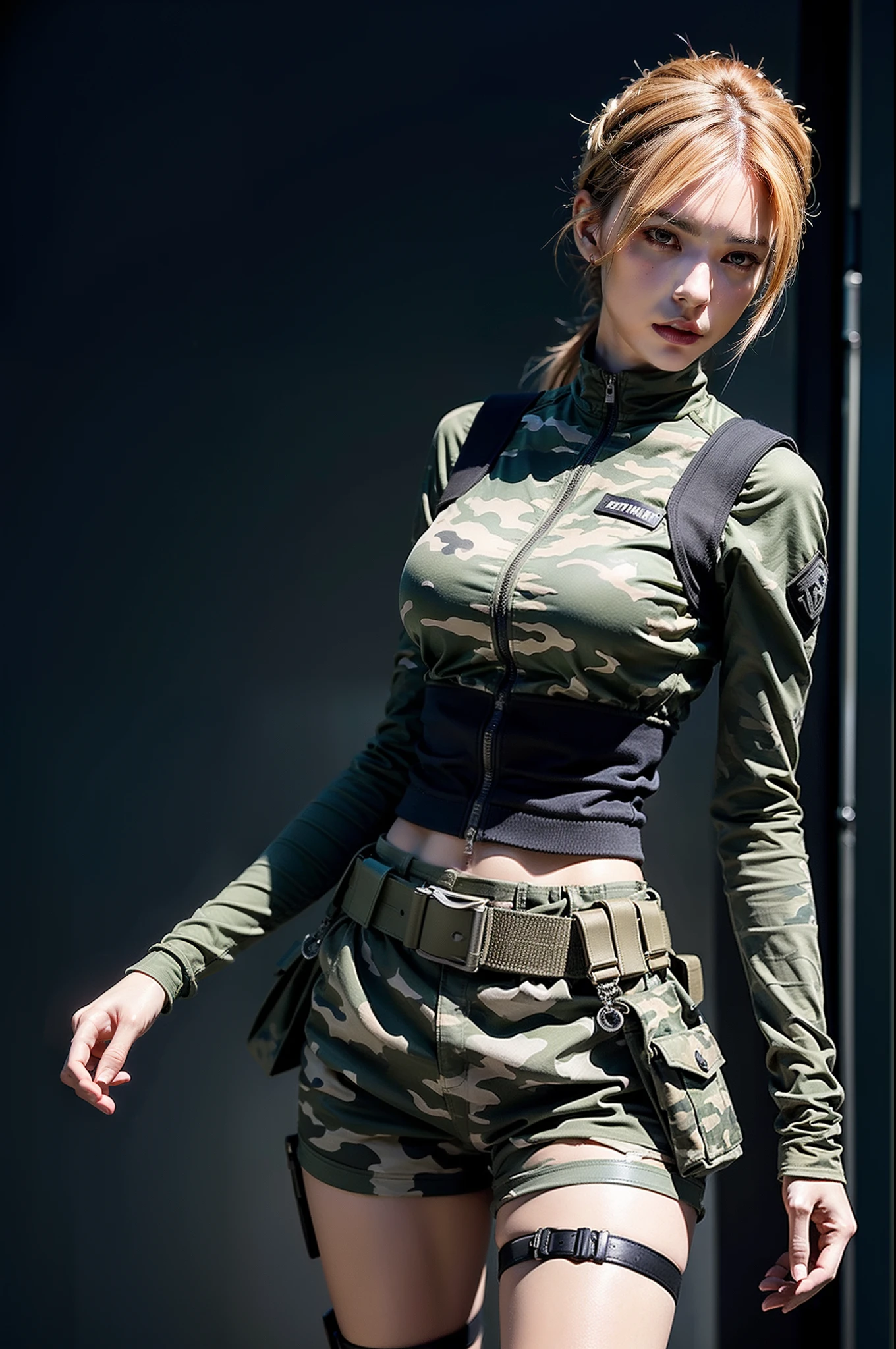 Pretty Women,Mature woman,indifferent expression,Modern soldiers,camouflage uniform,Camouflage ultra-short vest,Camouflage chest wrap,Tactical vests,Body armor,Tactical helmets,Bulletproof helmet,Night vision devices,Crop topping,Skinny super shorts,gunstock,Bullet belt,holding a pistol in hand,Slender figure,Slender thighs,Bare legged,Thin and tall,The chest is huge,Stand up,full bodyesbian,rays of sunshine,direct sun light,battlefiled,Bullets rained down,abstracted,Strong sense of detail and layering,Rich and gorgeous colors,It has a unique texture,rich colours,Color harmony,Vivid painting,The art of design,8k,ultra - detailed