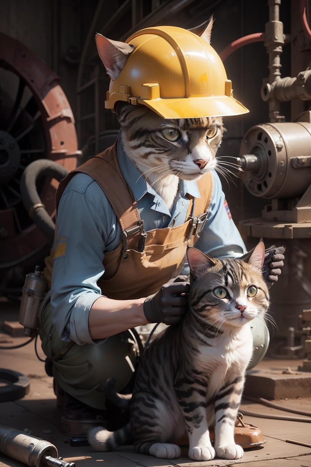 A cat with safety helmet holding spanar repairing a centrifugal pump
