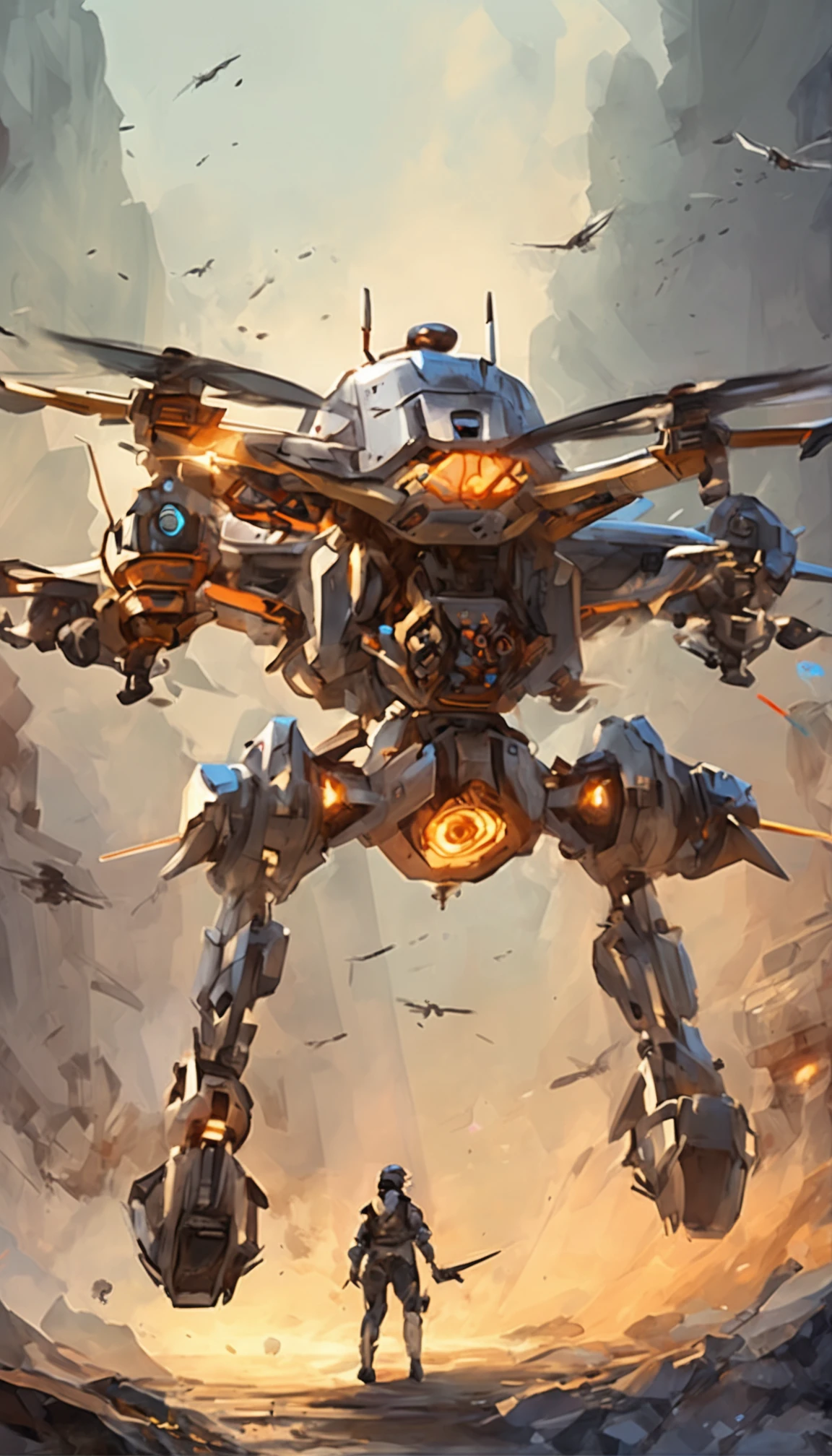 A teenager controls a quadcopter drone,in mecha style,illustration,Thrilling battles,Flight stability,Unique perspective,Dynamic graphics,Full of technology,Amazing。