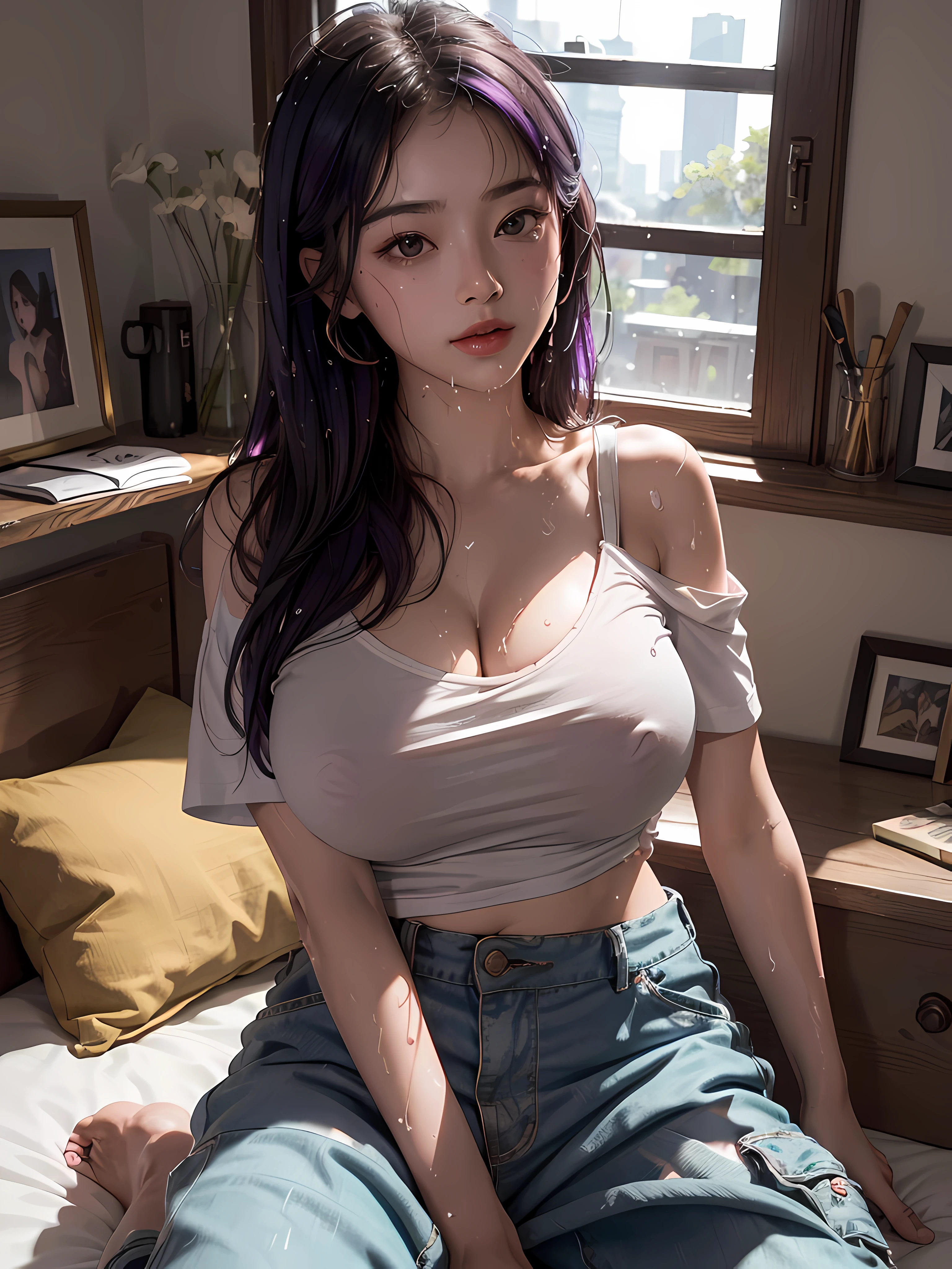 8k、RAW Photos、top-quality、masterpiece:1.2)、(realisitic、Photorealsitic:1.37)、1girl in、japanese、25-years old、female、(deep in the night)、Sunlight、a room,Day cityscape seen fron the window、Studio Lighting、face lights、photon maping、Radio City、Purple hair、Detailed face、Detailed lips、detailedeyes、More skin、Double eyelids、(huge tit:1.3)、(T-shirt、jpn)、(T-shirt and Cargo pant)、(Wearing T shirt and cargo pant)、(((no brassiere)))、Exposed cleavage、exposed shoulder、Thigh exposure、(cammel toe)、perfectbody、shinny skin、(Body wet with sweat:1.2)、smirking face、((Sit up))、cowboy shot、Make eye contact with the camera,background camera lens blur,depth of field,35 mm