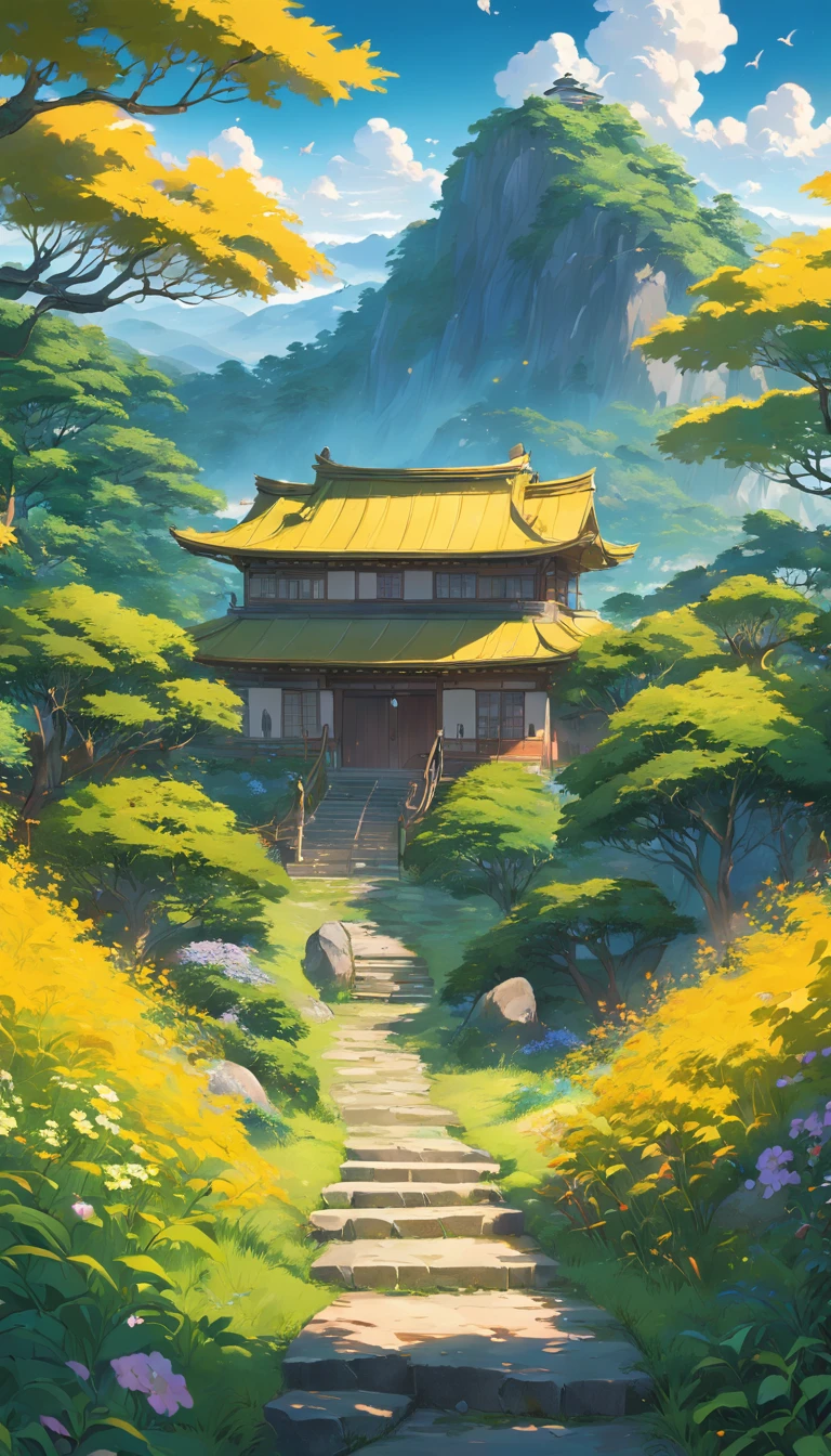 landscape, green hills and one big house, bush on side with yellow color, flower on side, bird, peace, morning vibes, japan vibes (extremely detailed CG unity 8k wallpaper), most beautiful artwork in the world, intricate, High Detail, Sharp focus, dramatic, photorealistic painting art, dreamland