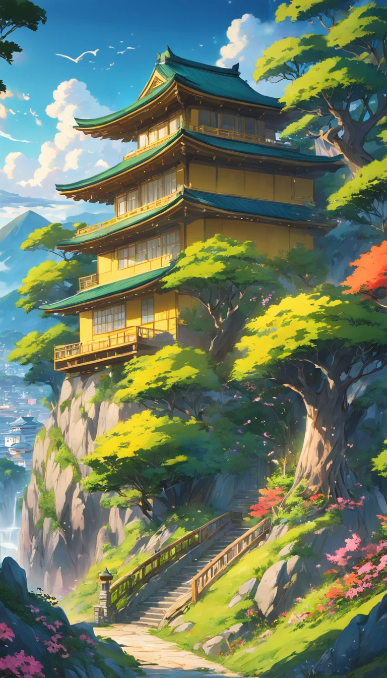 landscape, green hills and one big house, bush on side with yellow color, flower on side, bird, peace, morning vibes, japan vibes (extremely detailed CG unity 8k wallpaper), most beautiful artwork in the world, intricate, High Detail, Sharp focus, dramatic, photorealistic painting art, dreamland