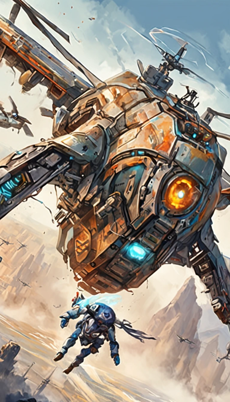 A teenager controls a quadcopter drone,cyber punk style,illustration,Thrilling battles,Flight stability,Unique perspective,Dynamic graphics,Full of technology,Amazing。