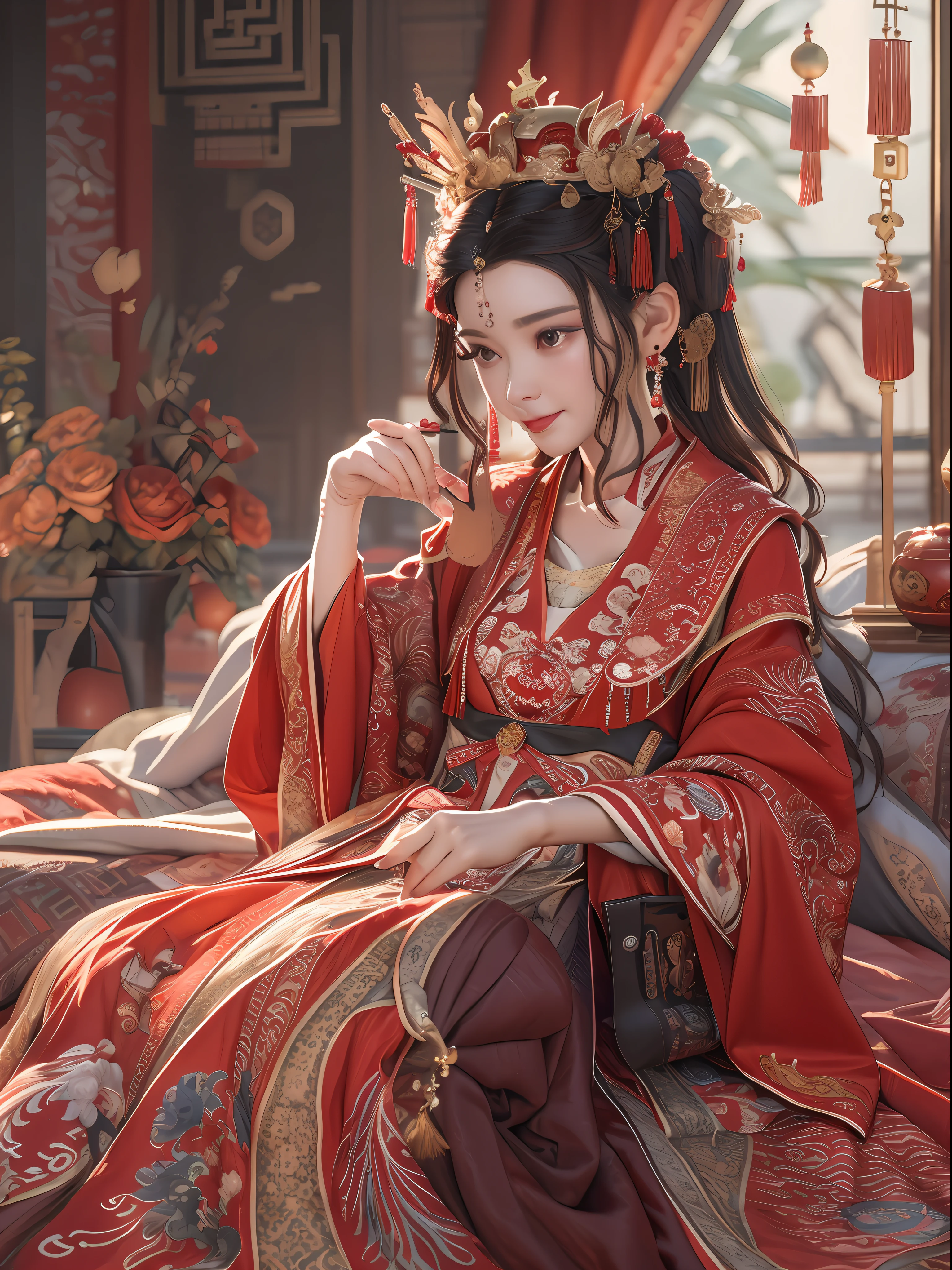 (Best quality: 1.1), (Realistic: 1.1), (Photography: 1.1), (highly details: 1.1), A woman wears a red and gold dress，Woman with a crown on her head, A hair stick, (sitting on red bed), Blushing, Shy, black_Hair, crown, Looking down, (2 red candles), Chinese_clothes, Curtains, Earrings, Hair_decorations, Hanfu, interiors, jewelry, Long_Sleeves, Red dress, Redlip, nipple tassels, (Red quilt), (red palace: 1.2), (3DMM: 1.5),mix4,