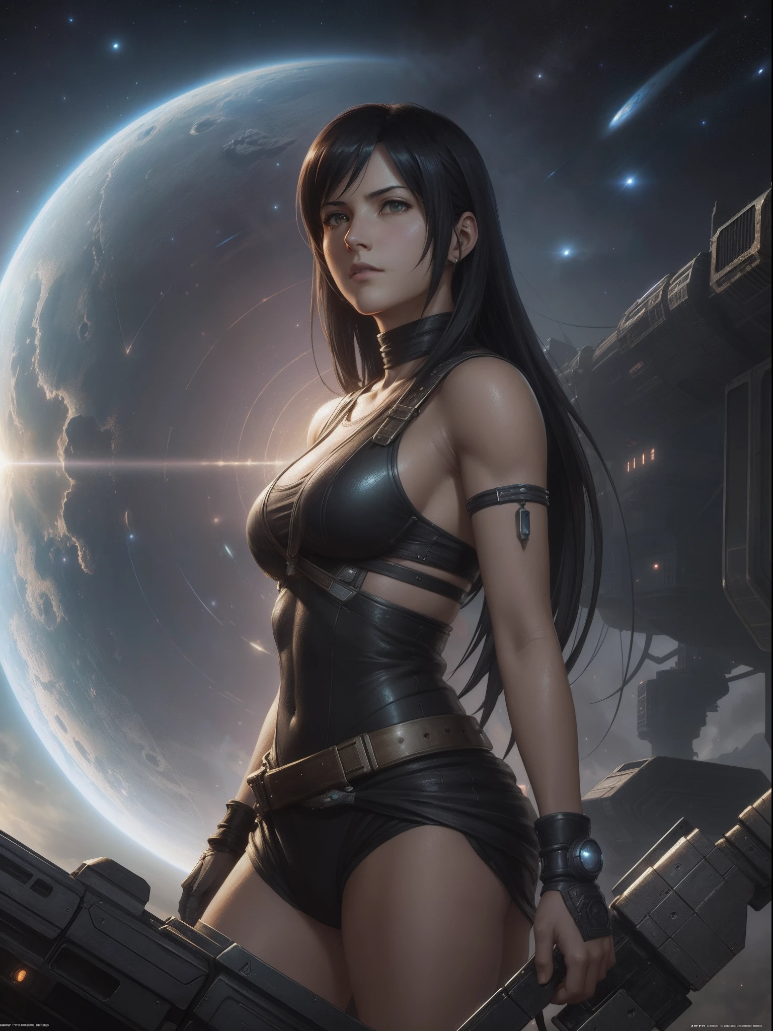 tifa ff7, oil on matte canvas, sharp details, the expanse scifi spacescape ceres colony, intricate, highly detailed, digital painting, rich color, smooth, sharp focus, illustration, Unreal Engine 5, 8K, art by artgerm and greg rutkowski and alphonse mucha