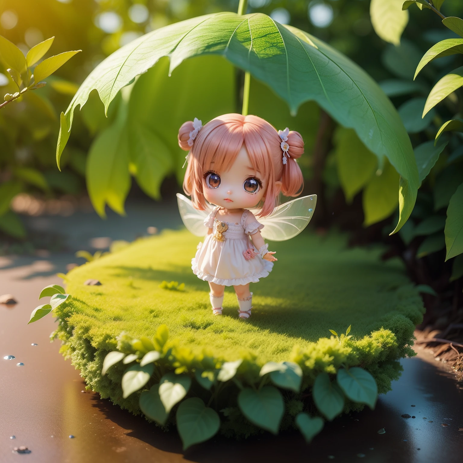 Cute Baby Chibi Anime,(((chibi3d))) (best quality) (masterprice)、Chibi Fairy、Fairytale Forest、Shelter from the rain with large leaves、Looking up