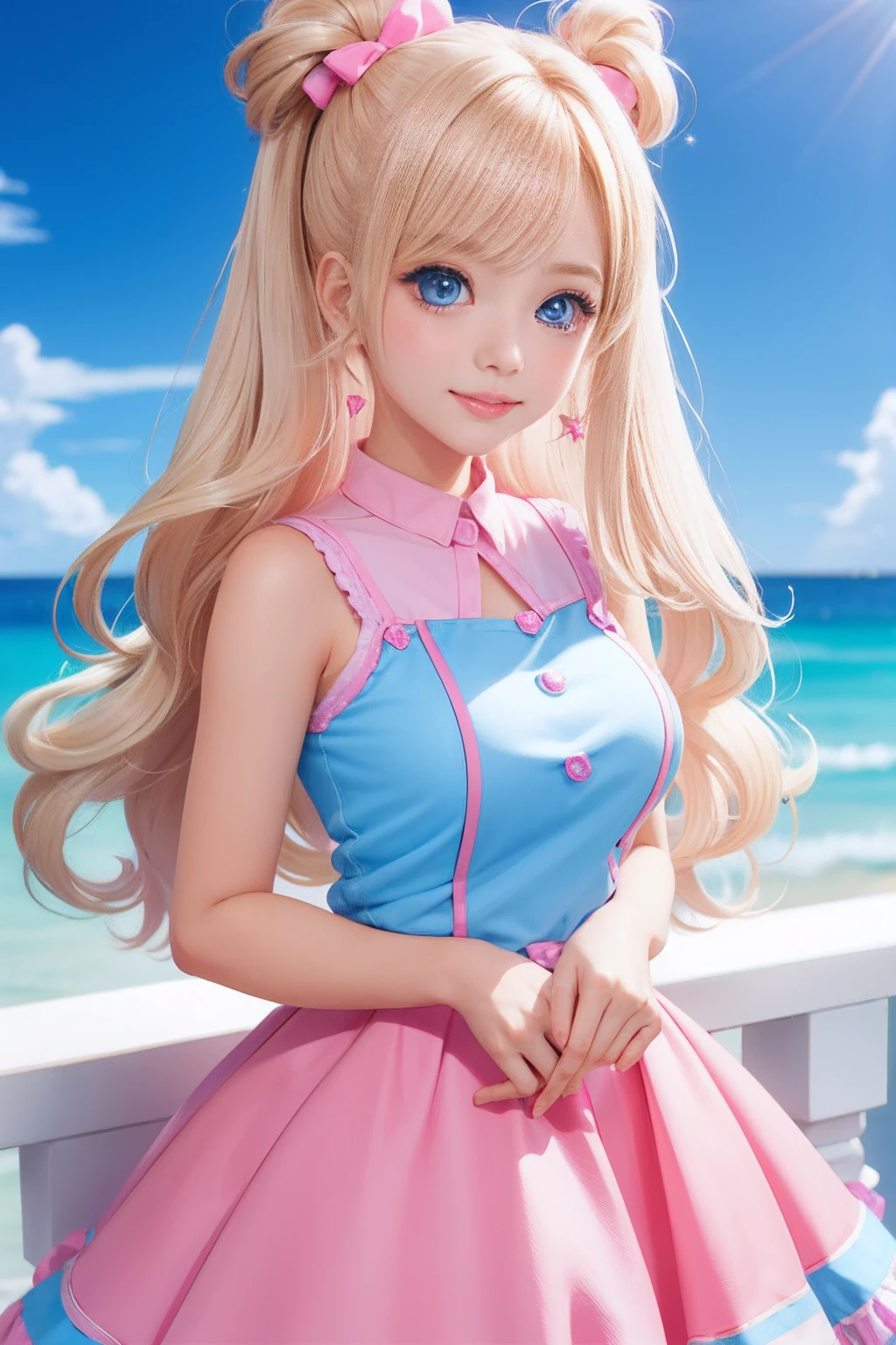 Barbie Girl，largeeyes，Cute eyes，super cute faces，coiffed blonde hair，Pink skirt，heartthrob、anime big breast、Star eyes、Sparkling eyes、Beautiful fece、kawaii、Fantasyart，ssmile