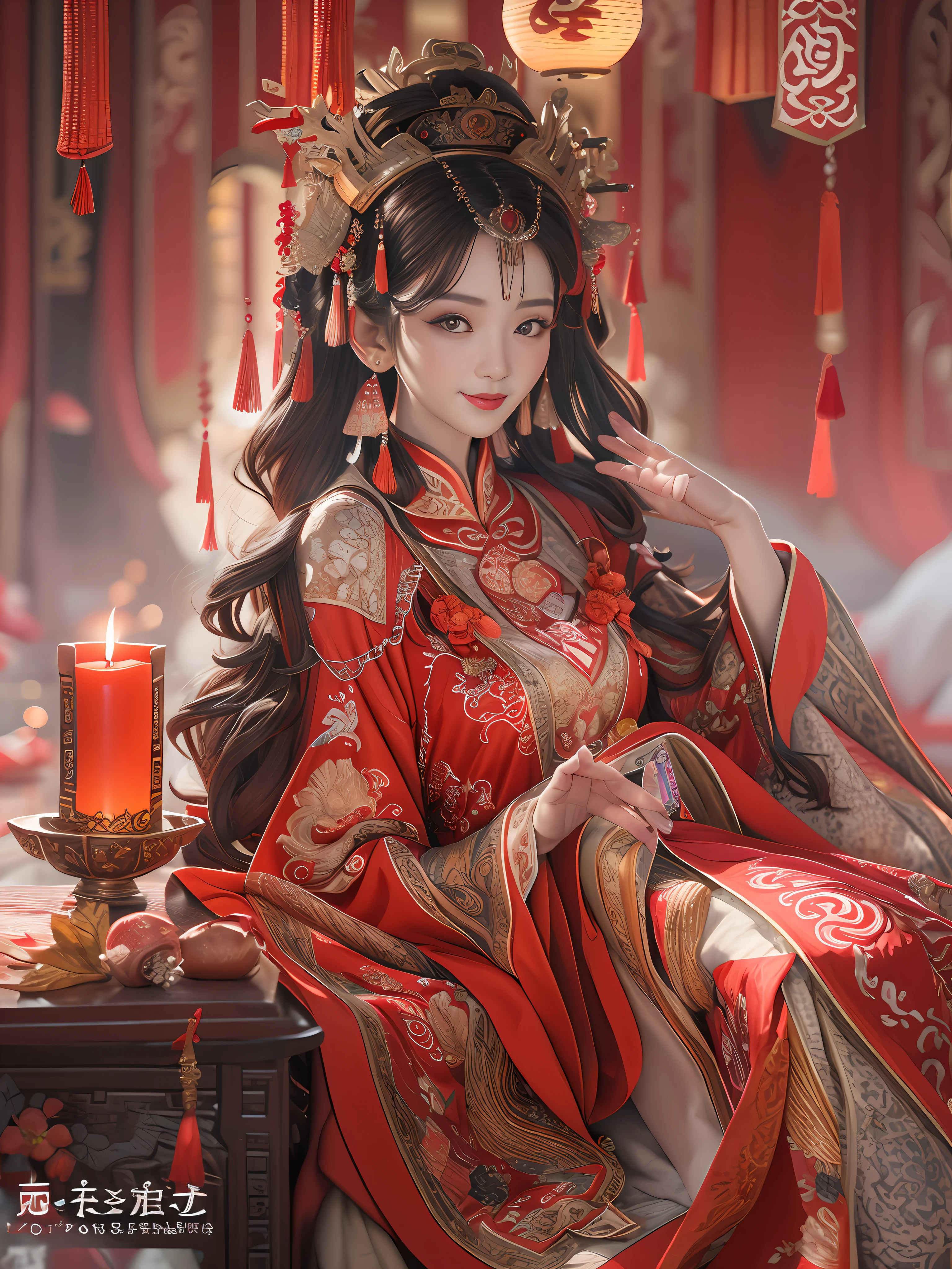 (Best quality: 1.1), (Realistic: 1.1), (Photography: 1.1), (highly details: 1.1), A woman wears a red and gold dress，Woman with a crown on her head, A hair stick, (sitting on red bed), Blushing, Shy, black_Hair, crown, Looking down, (2 red candles), Chinese_clothes, Curtains, Earrings, Hair_decorations, Hanfu, interiors, jewelry, Long_Sleeves, Red dress, Redlip, nipple tassels, (Red quilt), (red palace: 1.2), (3DMM: 1.5),mix4,