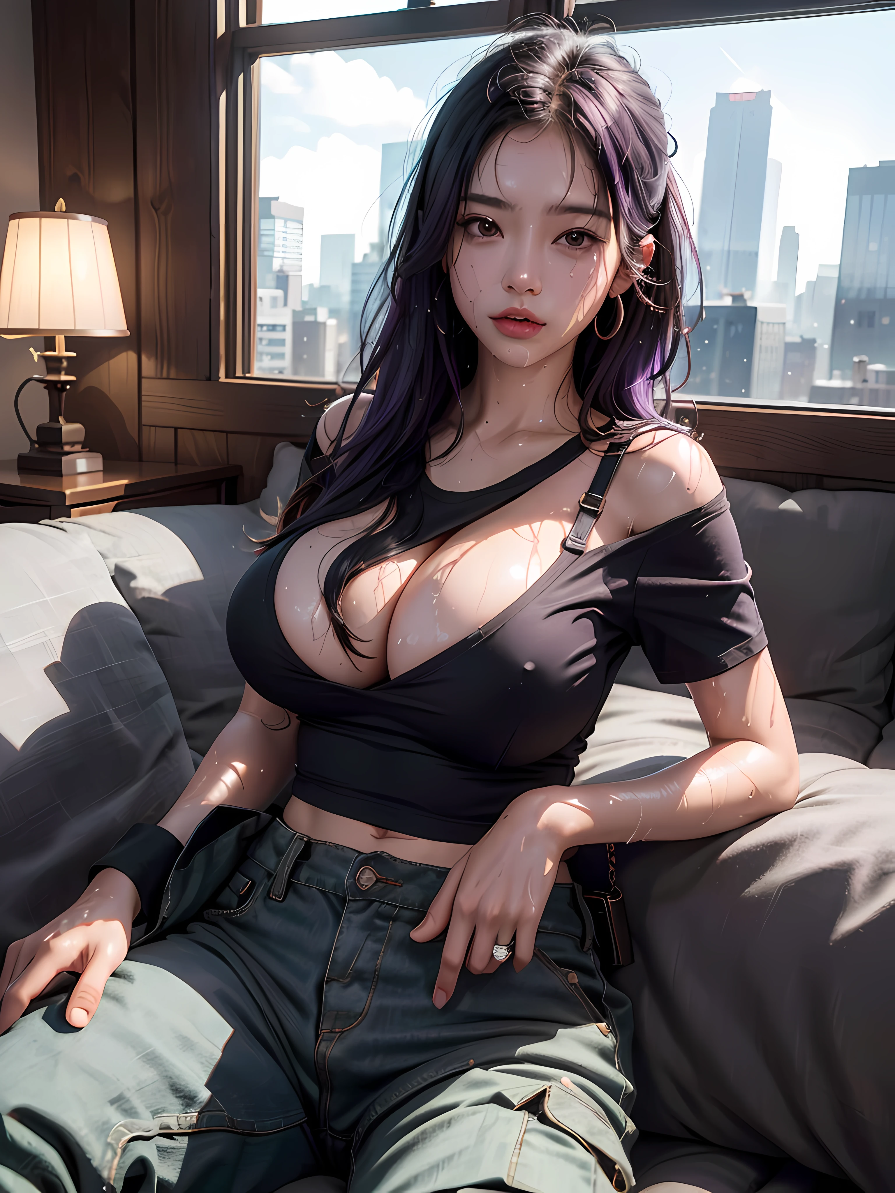 8k、RAW Photos、top-quality、masterpiece:1.2)、(realisitic、Photorealsitic:1.37)、1girl in、japanese、25-years old、female、(deep in the night)、Sunlight、a room,Day cityscape seen fron the window、Studio Lighting、face lights、photon maping、Radio City、Purple hair、Detailed face、Detailed lips、detailedeyes、More skin、Double eyelids、(huge tit:1.3)、(T-shirt、jpn)、(T-shirt and Cargo pant)、(Wearing T shirt and cargo pant)、(((no brassiere)))、Exposed cleavage、exposed shoulder、Thigh exposure、(cammel toe)、perfectbody、shinny skin、(Body wet with sweat:1.2)、smirking face、((Sit up))、cowboy shot、Make eye contact with the camera,background camera lens blur,depth of field,35 mm