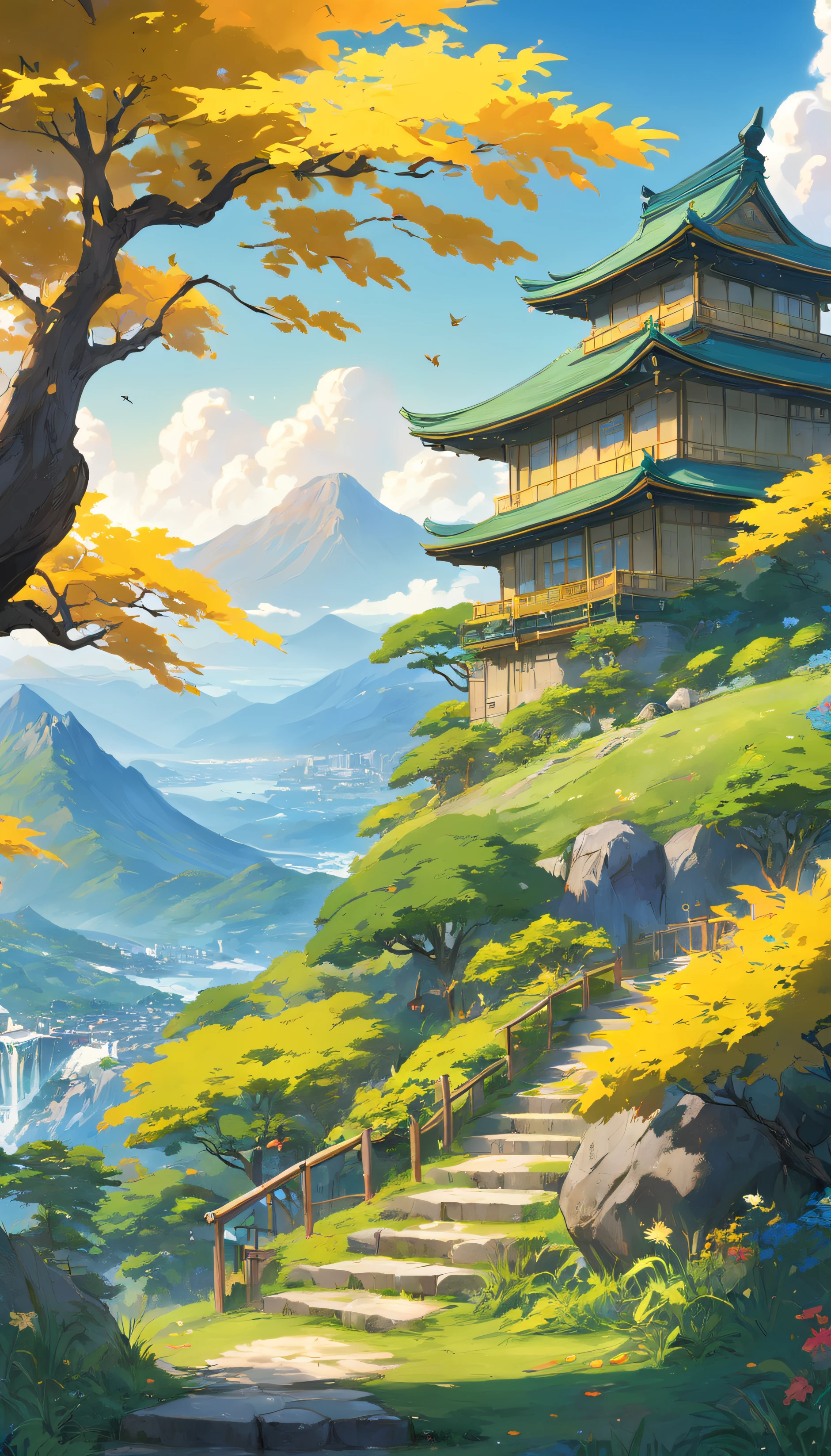 landscape, green hills and one big house, bush on side with yellow color, flower on side, bird, peace, morning vibes, japan vibes (extremely detailed CG unity 8k wallpaper), most beautiful artwork in the world, intricate, High Detail, Sharp focus, dramatic, photorealistic painting art, dreamland