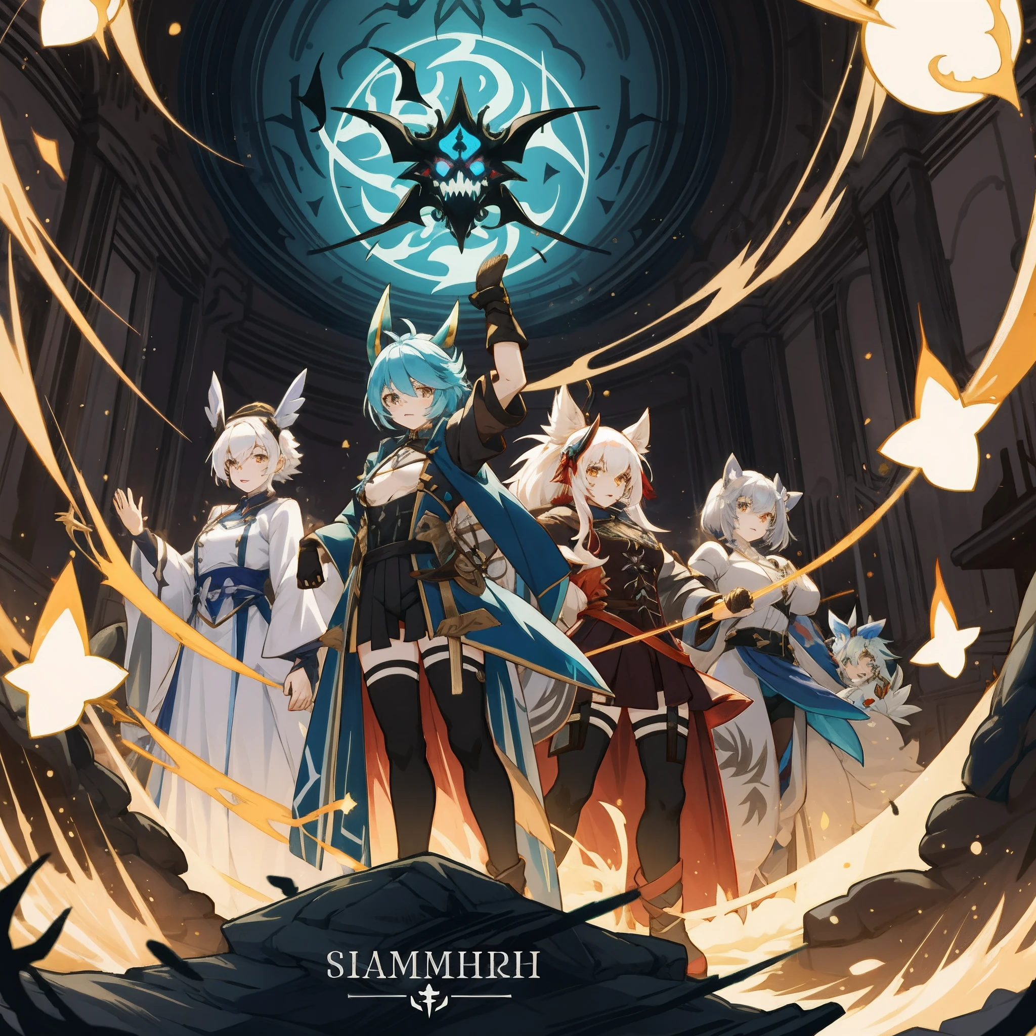 anime characters dressed in costumes are standing in a room, vocaloid, summoning undead friends, spellcasting pose, summoning an eldritch god, characters from azur lane, vrchat, ayaka genshin impact, shalltear from overlord, the three fates, album art, mmorpgs scene, from the azur lane videogame,