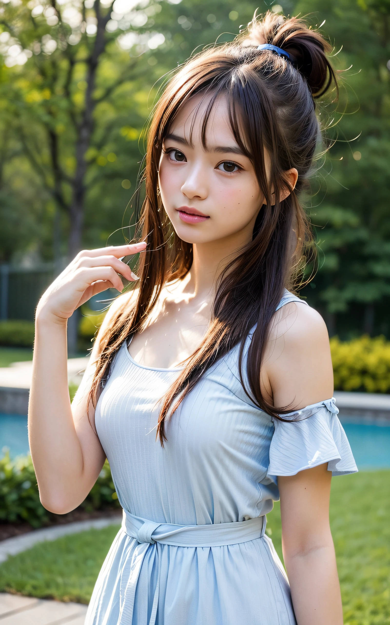 ((The highest image quality, 8K, masutepiece:1.3)), Soft light, Professional Lighting, 1 beautiful girl、small head, Balanced, great figure, , Neat and clean beauty, Cute:1.3, Girly, Looking away, Brown hair, Hair tied messily at the nape, (casual hairstyle, :1.2), Ultra-fine face, Detailed eyes, A slight smile, Take pictures in cute poses,tiny waist,Super big breasts,background outdoors,