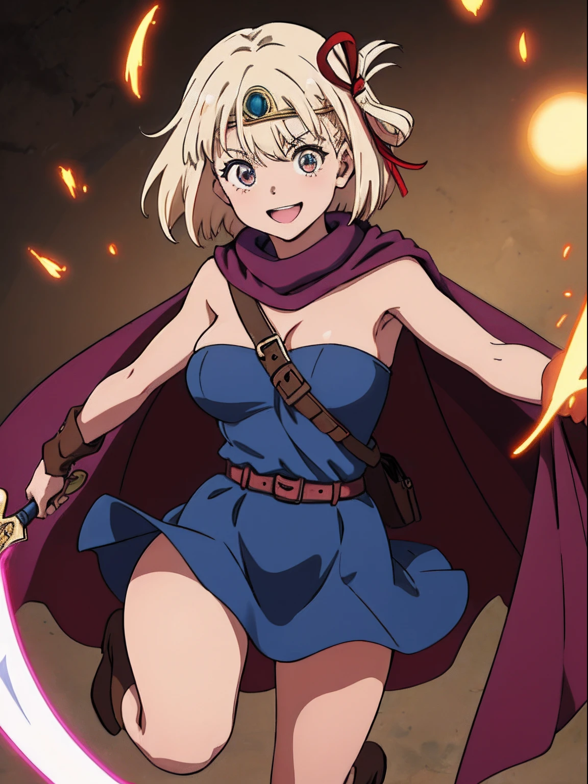 Fantasy background、(masterpiece、top-quality:1.2)、((facing front:1.2))、A big smile、With bangs、Young woman at 、((The upper part of the body:1.2))、Promotional Art、offcial art、circlet, Large breasts, cleavage, Strapless, Blue Dress, Purple Cape, thighs thighs thighs thighs, elbow groves, long boots, Belt bag, scabbard, knee boots、platinum-blonde、Red ribbons、Amber eyes、Hold your sword