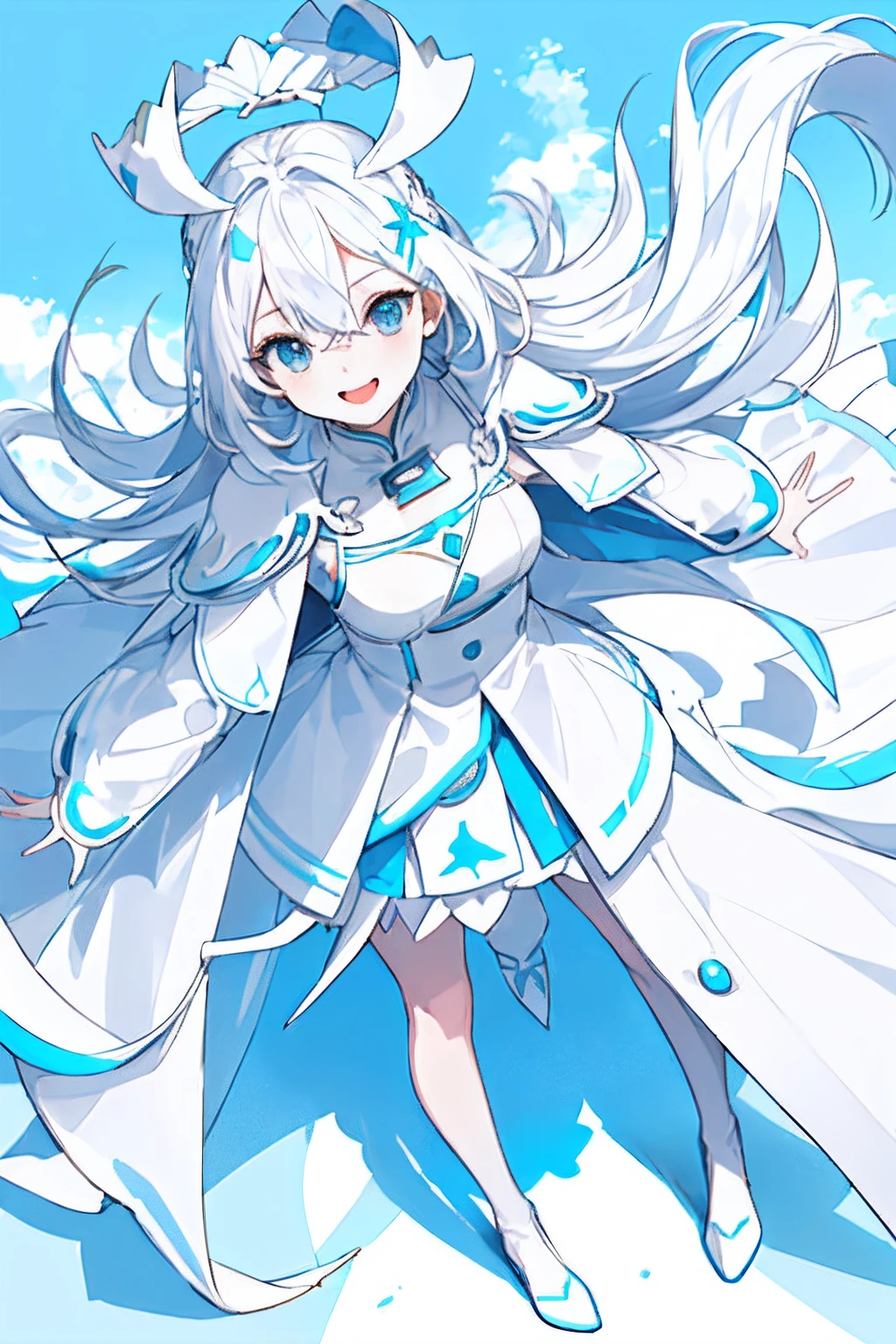 masterpiece,(top-quality),(1girl in) ,独奏,(highly contrast:1.2),(a high chroma:1.2),((Blue and white dress)),Look at viewers,((White and light blue theme:1.3)),((White and light blue background:1.5)),white hair,blue eyess,((walk:1.3)),full body Esbian,white footwear,((Light blue water, White clouds and sun in the sky)),((From above:1.2)),Walking in the sky
1 girl、Fashionable, femele, with a vibrant, outfits, the pose, the front, Colorful, Dynamic, Background with, element, I'm confident, expresive, ngel, statement, accessorized, An majestic, coiled, surroundings, captures the attention, Titles, Stylish, Catchy, moderno, Trendy, Focus, lo fashion,、White cloak、Blue cloak inside、The best smile