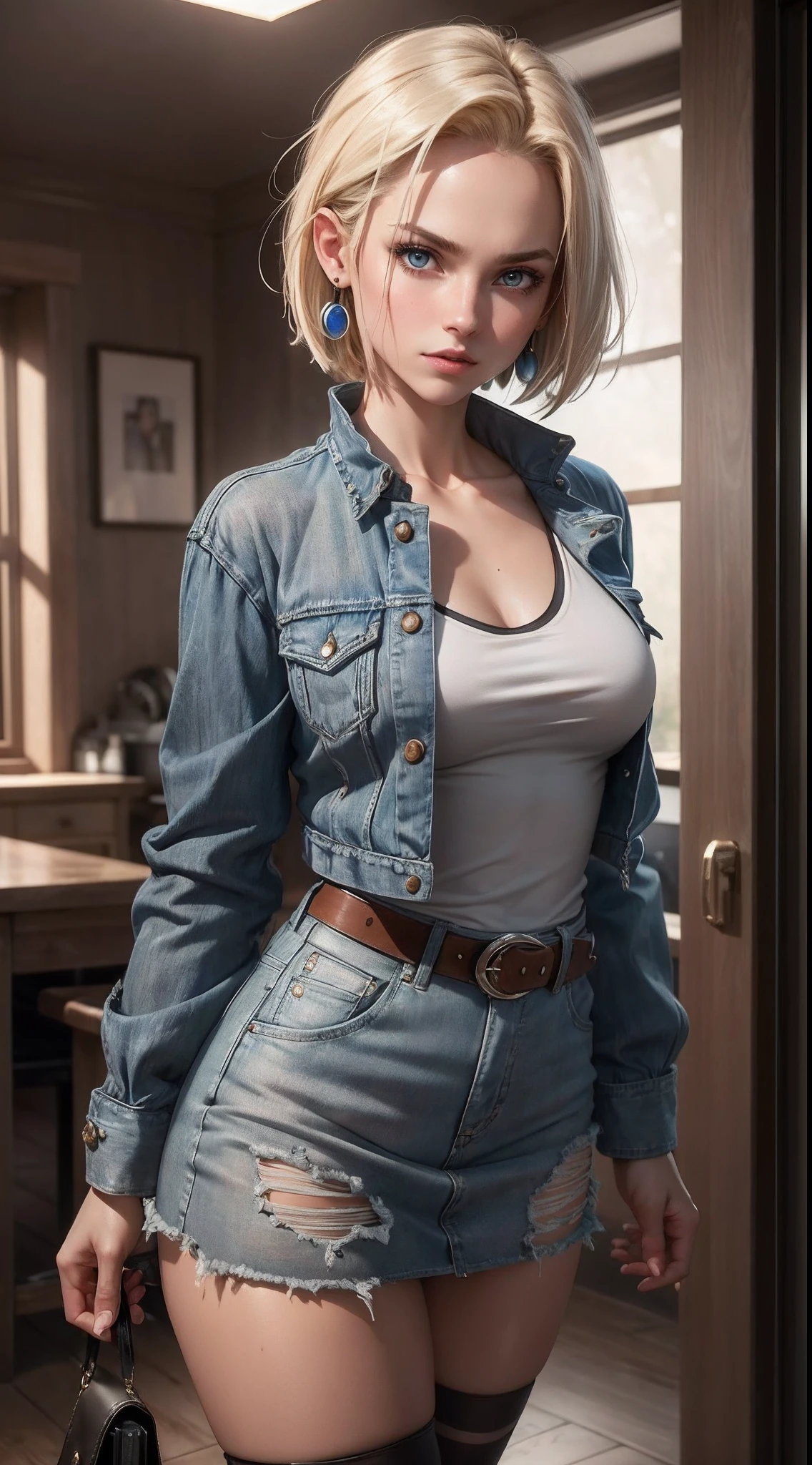 Enjinight, 1girl, android 18, solo, blonde hair, pantyhose, denim skirt, skirt, denim, blue eyes, belt, black tanktop, realistic, earrings, jewelry, denim jacket, clenched hands, short hair, striped, striped sleeves, black pantyhose, shirt, breasts, striped shirt, jacket, vest (8k, RAW photo, best quality, masterpiece:1.2),ultra-detailed, (high detailed skin:1.2), 8k uhd, dslr, soft lighting, high quality,