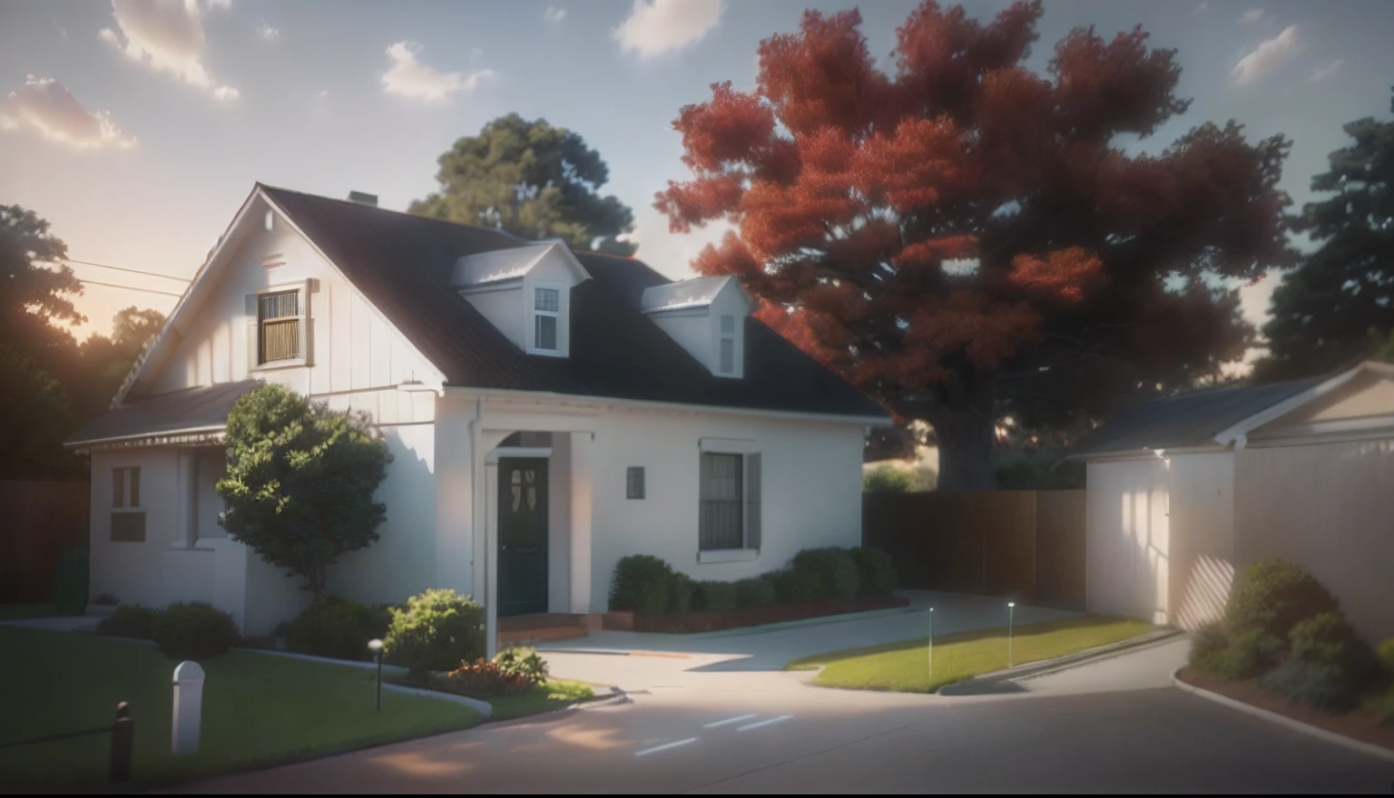 There is a white house with a red door and a tree, a photorealistic rendering, estilo fotorrealista, Ghibli. octan render, realista estabelecendo tiro, Photorealistic rendering, semi-realistic rendering, peaceful suburban scene, realista estilo 3d, fotorrealista 35mm, natural realistic render, imagem fotorrealista, Cena realista, photorealistic illustration, realistic afternoon lighting
