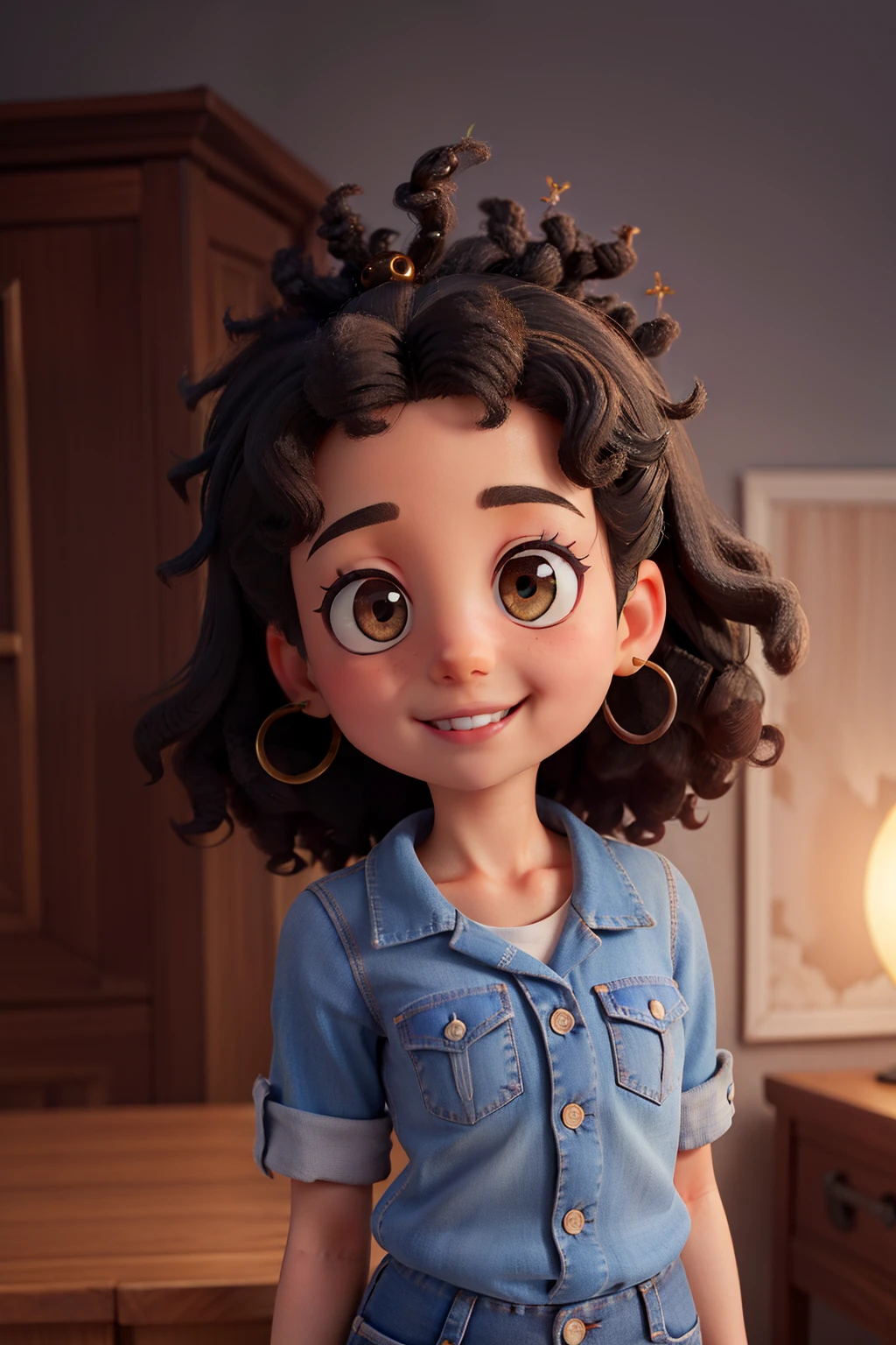 Black little girl, headshot,  curly hair, blue shirt, jeans onepiece, beeautiful curly hair, beautiful face, brown eyes, Brown curly hair, honey colored eyes, beautiful, romantic, looking at the camera, headshot, portrait  delicate face, smile, intricate detail, 4k, high resolution, Pixar Cartoon style picture