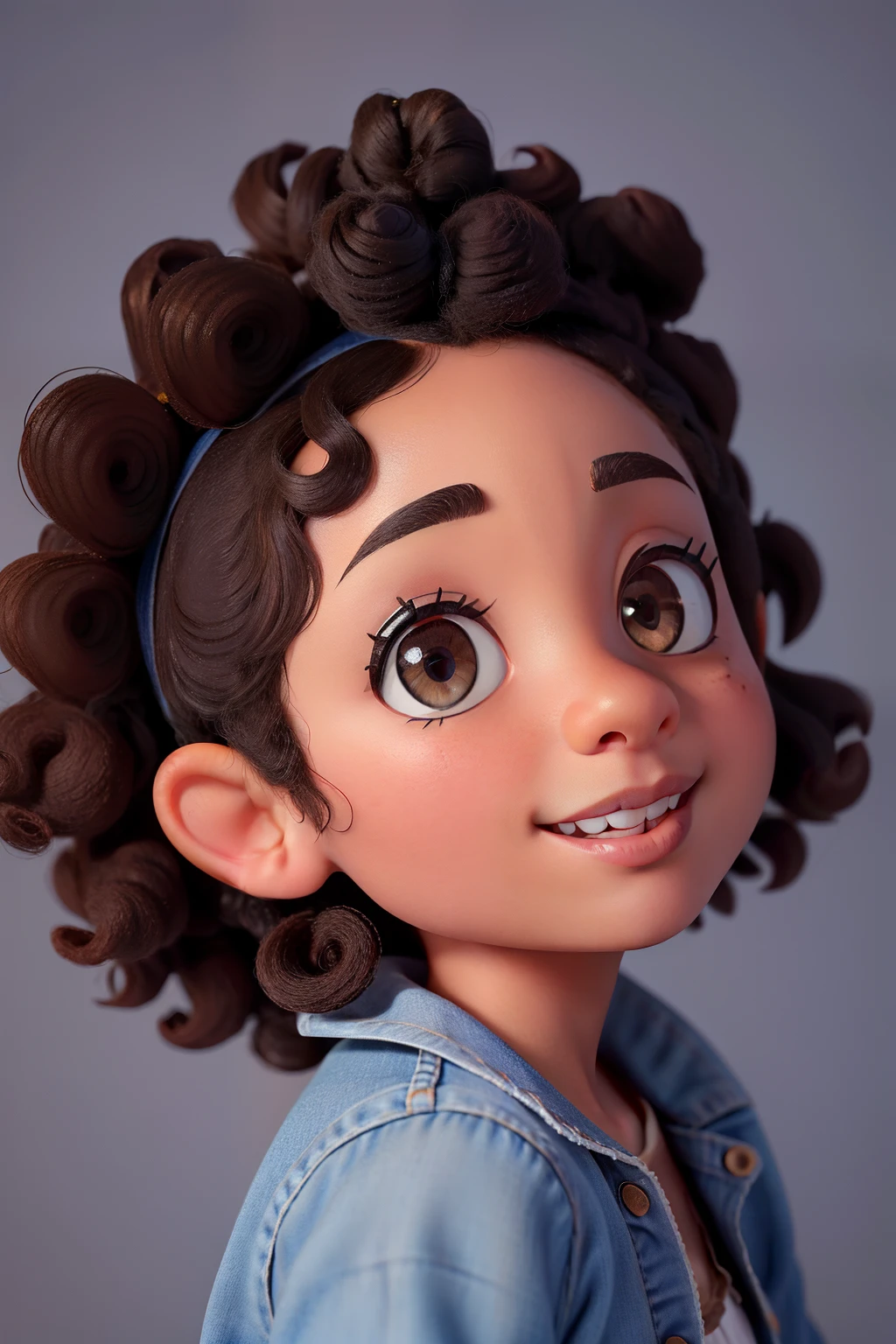 Black Nigeria  girl, headshot,  curly hair, blue shirt, jeans onepiece, beeautiful curly hair, beautiful face, brown eyes, Brown curly hair, honey colored eyes, beautiful, romantic, looking at the camera, headshot, portrait  delicate face, smile, intricate detail, 4k, high resolution, Pixar Cartoon style picture