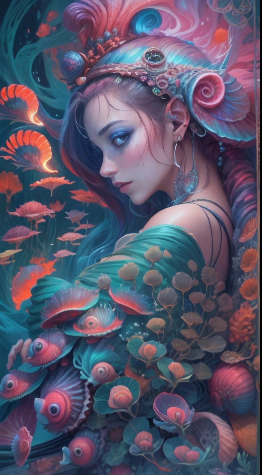 best qualtiy,tmasterpiece,超高分辨率,(photograph realistic:1.4),ultra-realistic realism,Dream-like,The beautiful blue-skinned goddess wears a phoenix peacock on her head, Nautilus, a betta fish,The creation of fantasy,Brain conch,Dream Conch,Biopunk Nautilus,Thrilling color scheme, ultra-realistic realism, abstracted, psychedelia,