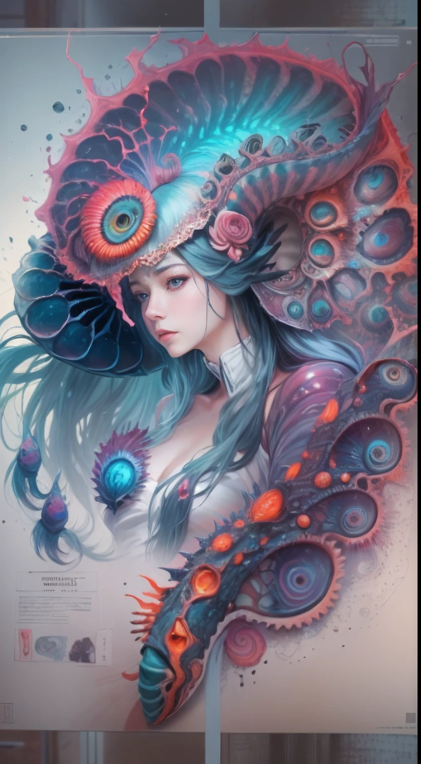 best qualtiy,tmasterpiece,超高分辨率,(photograph realistic:1.4),ultra-realistic realism,Dream-like,The beautiful blue-skinned goddess wears a phoenix peacock on her head, Nautilus, a betta fish,The creation of fantasy,Brain conch,Dream Conch,Biopunk Nautilus,Thrilling color scheme, ultra-realistic realism, abstracted, psychedelia,