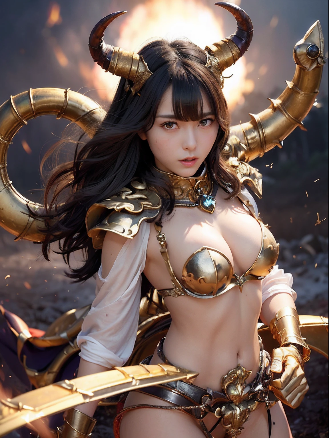 Professional , ​masterpiece、top-quality、photos realistic , depth of fields 、(A dark-haired) 、（Gemstone White Metal Body:1.4),(Matte White、Jewel Gold Weapon、（maikurobikini）,Gorgeous metal weapons ,Particles of light、（Fight dragons）、（Black wings）、（（ Detailed and gorgeous sword of the brave）） ,Light Effects、intense fighting、Wind-effect、magic circles、 (A dark-haired)  ,Fight legions of soldiers in skeleton armor 、With the legendary magic wand、Dragon's tail、explosions、（（maikurobikini））、（（Gangle's forest background））、Beautiful Caucasian beauty、１a person、dynamic ungle,(((Details of the two demon horns on the head)))、Smaller head、A smile、Background inside the castle、Thin and beautiful female hands、cleavage of the breast、Mystical expression、Light Effects、Wind-effect、（wingspan）、Toostock、Anatomically correct body、Battle Pose、