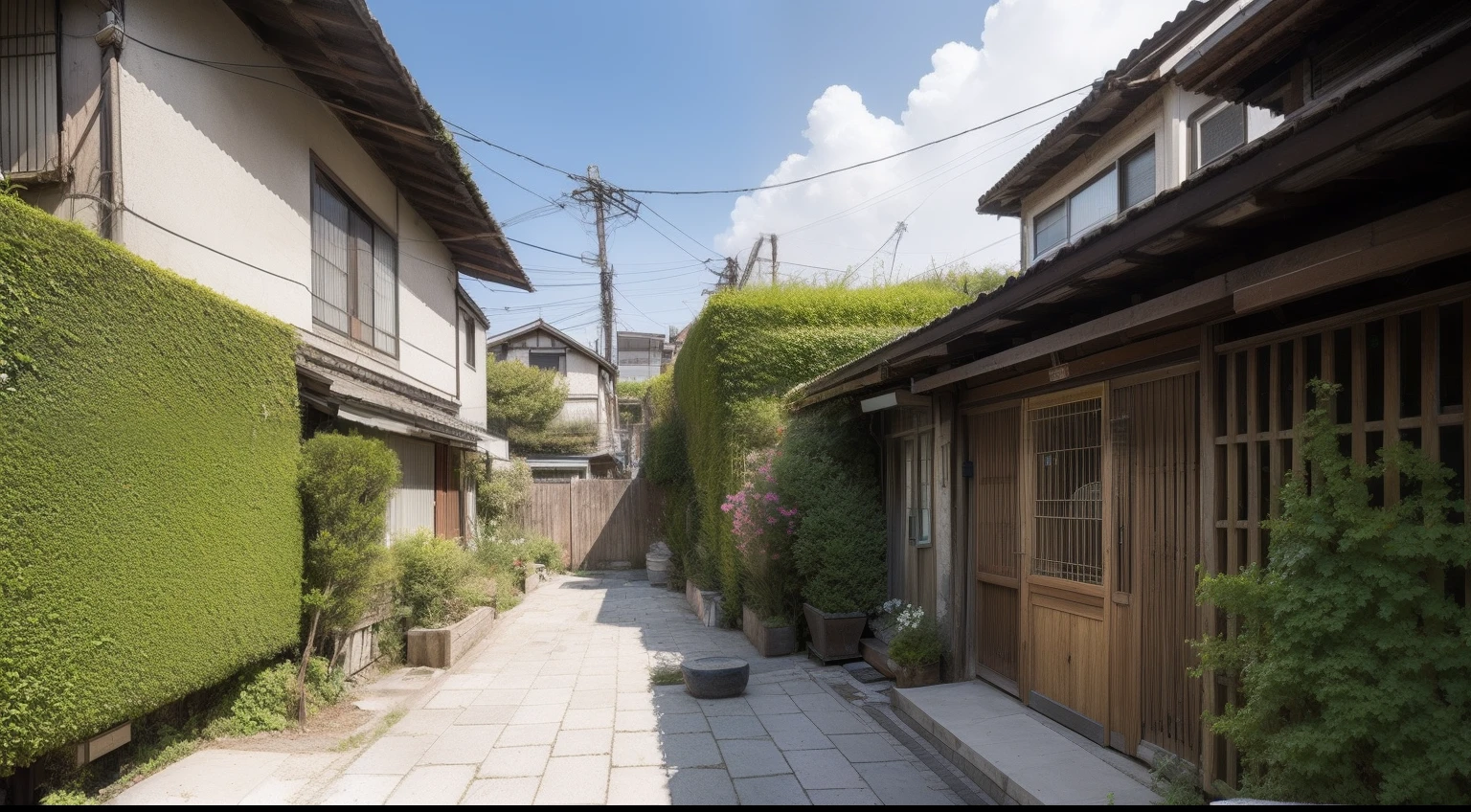 old traditional Japanese house with annex. The annex is about a half the size of the main building,((A single-story house)), (small house), backyard garden, narrow alley, ((old wooden structure)),A neglected garden, grandfather's home, exterior, looking up, cumulonimbus clouds, summer, overgrown vegetation, white walls, ((Photorealistic)),((low angle)),((A model house)),A house with white walls,A road that cars can pass through, Houses are built along the public road,((Modern architectural design)),((a stone wall)),((Utility pole or telephone pole)),((A modern entrance and door)),Flowers planted in numerous flowerpots,((A hedge in front of the house)),Rice field or paddy field, a Showa-era retro-style house, densely packed houses separated by stone walls, apartment complex, stairs leading to the entrance, gardening,Residential densely populated area,Main house and branch house,Densely packed houses in a slum area, japanese architecture, one house, house and home, european japanese buildings