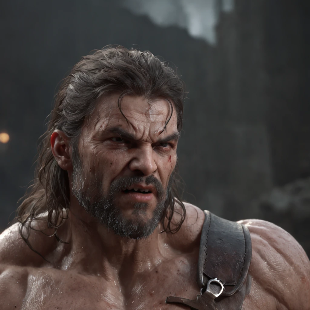 (professional 3d render:1.3) af (Realistic:1.3) most beautiful artwork photo in the world,Features soft and shiny male heroes, ((Epic hero fantasy muscle man rough wet hero angry look long hair short beard and ferocious expression in dynamic pose, Fantastic location, Majestic cluttered environment)), full body 8k unity render, action shot, skin pore, very dark lighting, heavyshading, Detailed, Detailed face, (vibrant, photograph realistic, Realistic, Dramatic, Dark, Sharp focus, 8K), (Old leather garments damaged by weathering:1.4), ((((Wear fur)))), (Intricate:1.4), decadent, (Highly detailed:1.4), Digital painting, rendering by octane, art stations, concept-art, smooth, Sharp focus, illustration, Art germ, (loish:0.23), wlop ilya kuvshinov, and greg rutkowski and alphonse mucha gracias, (Global illumination, Studio light, volumettic light), heavy rain, particles floating, lotr, fantasy, elf, full bodyesbian, ((Dark and ancient city background:1.3)),CGSesociety,art stations