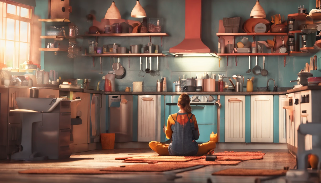 woman sitting on the floor, crying. background kitchen