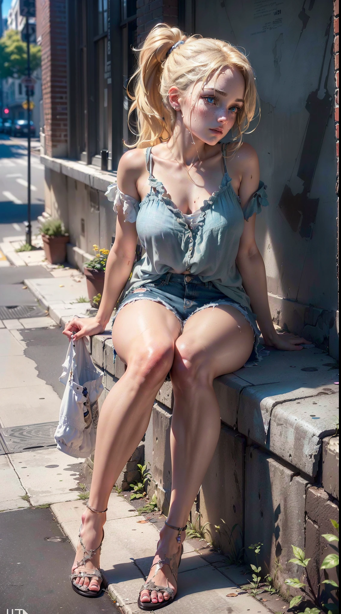 Hyper realistic super detailed sexy Breckie Hill, expressions faciales sexy, seductive facial expressions, [:(Face detail: 1.4): 0.4], 16K resolution, 4k resolution, (Ventre plat parfait), (image couleur), looking at viewer, masterpiece, best quality, highly detailed, desire, blush, (Beautiful and detailed eyes description), (beautiful and detailed face), Perfect female body, (Best Quality), (ultra-detailliert), (masuter piece), (hight resolution), (Original), (the Extremely Detailed CG Unity 8K Wallpapers), (((((ultra realistic:1.3)), (best quality:1.3, high quality:1.3), 8K Ultra HD, (ultra detailed, hyper detailed), ray tracing:0.5, (good anatomy:1.2), surdres:1.2, masterpiece, intricate details, (((wide_shot:1.3, distance view:1.3))), (makeup:0.7, sexy, best body), woman, solo, highres, detailed skin, cameltoe:0.3, covered nipple:0.07, instagram style, small hands, woman hand, nice hand, withdrawn face))), BREAK ((High Fade with Quiff, blond hair, Despondent, Setting powder, graphic eyeliner, Size B breasts)), Seated on a swing, looking playful, BREAK Sculptural wedding dress, lace tights, gladiator heels, looking back, BREAK Land Art, In a secret haven, a tapestry of petals unfolds, where nature's artistry paints the landscape with delicate beauty, practical light, Enchanted, pov, (full body), BREAK evening, Cloudburst,