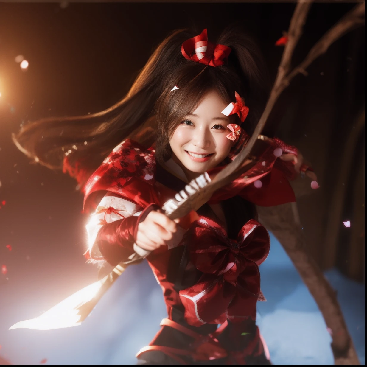 Smiling woman holding bow