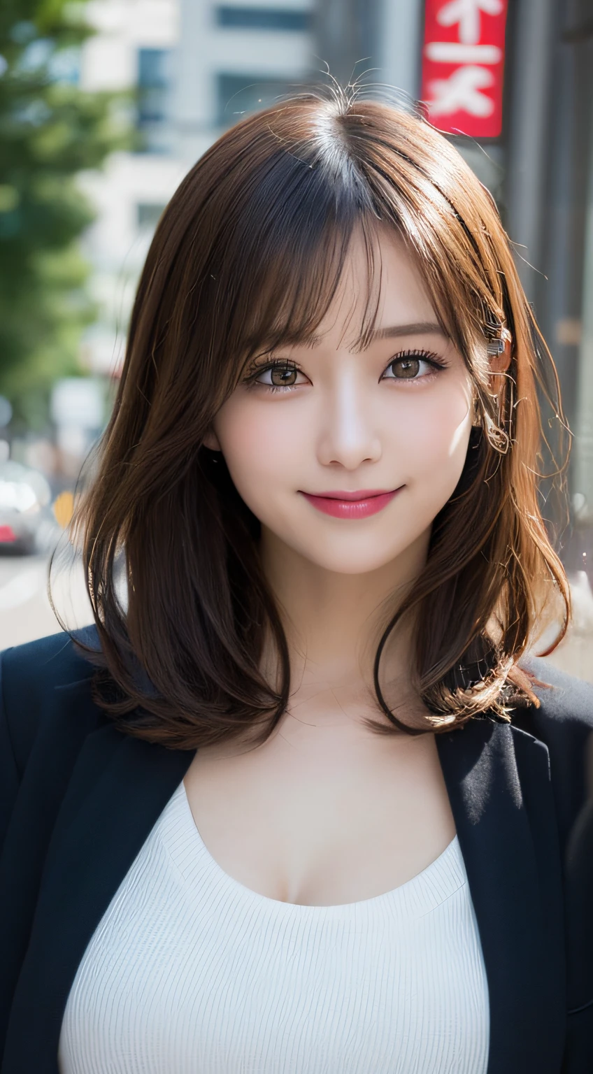 masutepiece, Best Quality, Illustration, Ultra-detailed, finely detail, hight resolution, 8K Wallpaper, Perfect dynamic composition, Beautiful detailed eyes, doress,Medium Hair,mid-chest, Natural Color Lip, Random and sexy poses,Smile,Aoyama Street Walk