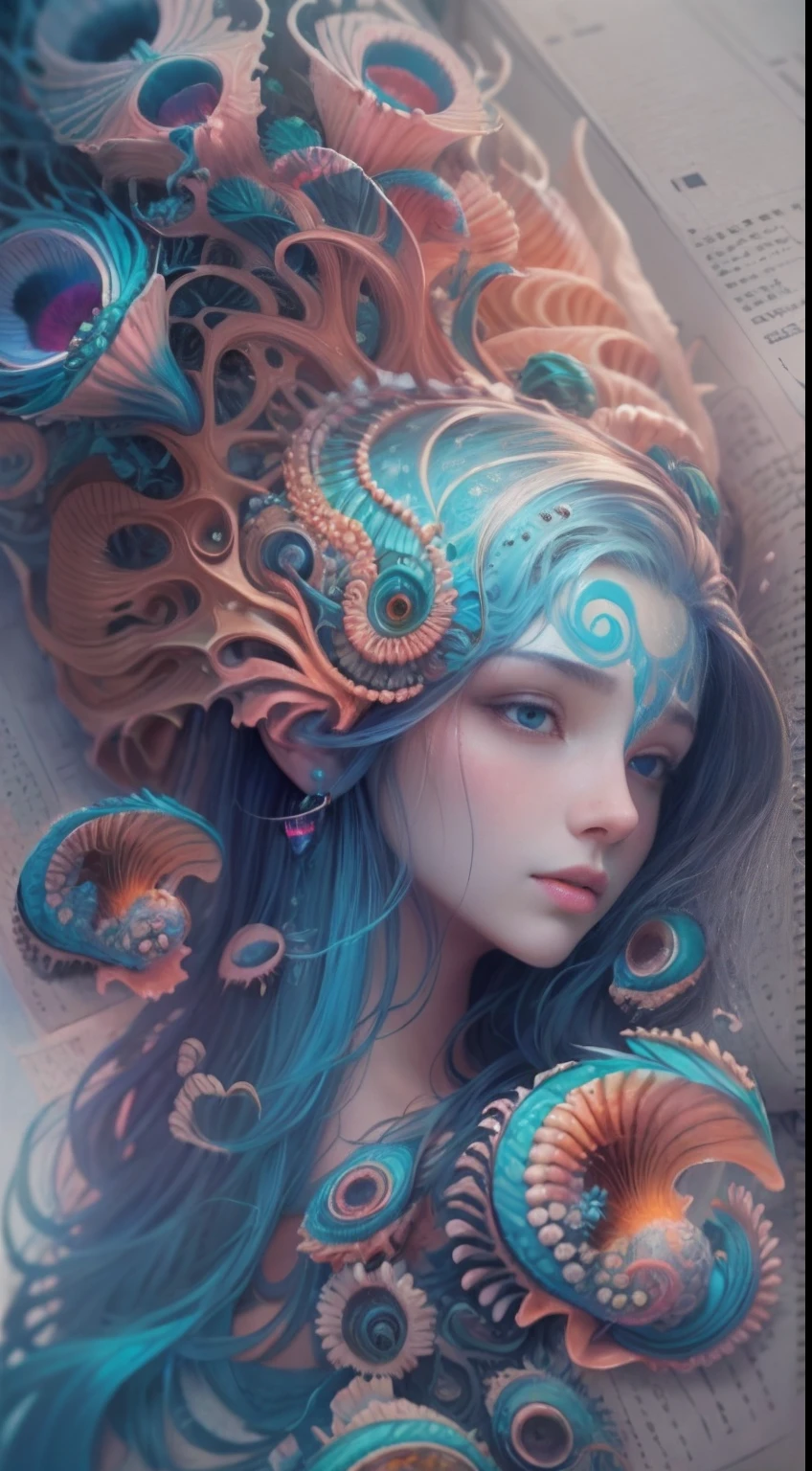 best qualtiy,tmasterpiece,超高分辨率,(photograph realistic:1.4),ultra-realistic realism,Dream-like,The beautiful blue-skinned goddess wears a phoenix peacock on her head, Nautilus, a betta fish,The creation of fantasy,Brain conch,Dream Conch,Biopunk Nautilus,Thrilling color scheme, ultra-realistic realism, abstracted, psychedelia,