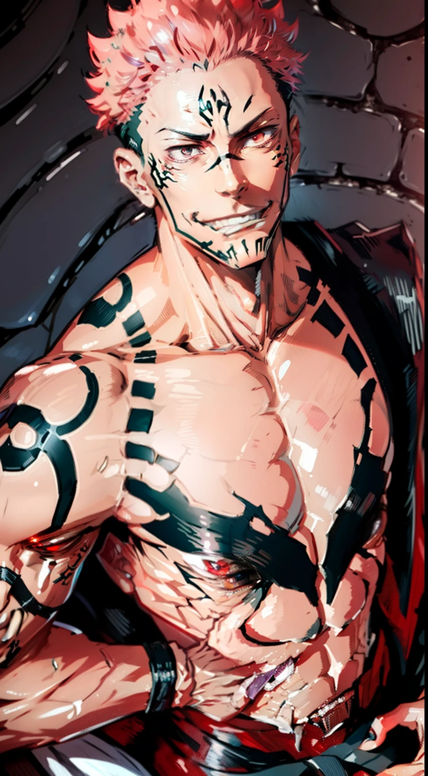 Portrait of Sukuna from Jujutsu Kaiesn" hyper detailed" full body character " oily smooth skin" sharp detailed face," detailed eyes" Sukuna Looking at the camera"