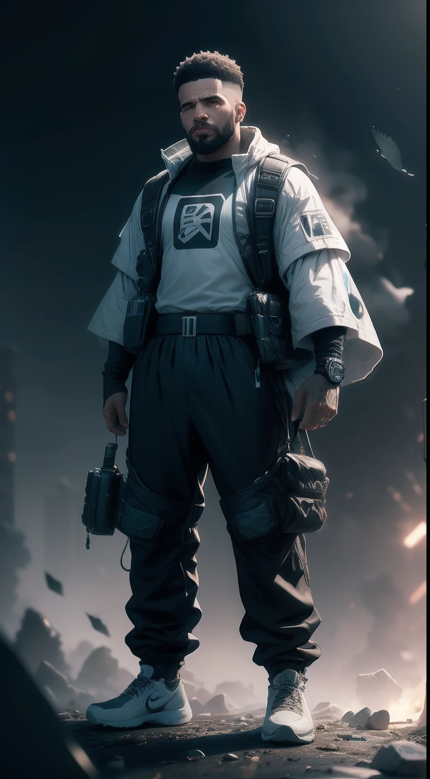 Drake wears a medium shot of Nike ACG+The acronym P31-DS trousers in Greg Rutkowski's style is inspired by ultra-8mm cinematic style, Black and white portrait of Stoic Paiseneca Aurelius 16:9 scale 4k Buenos Aires in the 70s