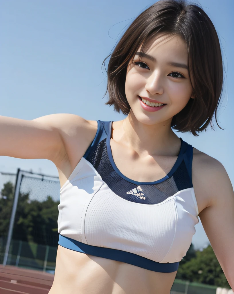 zydG, 1girls, Front view, stand, looking the viewer, exposed skin, (from below),brown-eyed, (brown very short hair:1.2), (light hair), (medium breasts:1.4), smile with white teeth, (photorealestic:1.4), (Top image quality:1.0), (UltraHighResolution:1.0), 8K, Raw photography, (A masterpice:0.2), track and field uniforms, show abs, (sweat, wetty:1.1), portlate, facefocus, ful body,(pureerosface_v1:0.5), outdoor, track and field,