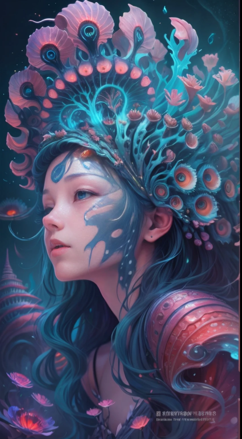 best qualtiy,tmasterpiece,超高分辨率,(photograph realistic:1.4),ultra-realistic realism,Dream-like,The beautiful blue goddess wears a phoenix peacock on her head, Nautilus, a betta fish,The creation of fantasy,Brain conch,Dream Conch,Biopunk Nautilus,Thrilling color scheme, ultra-realistic realism, abstracted, psychedelia,
