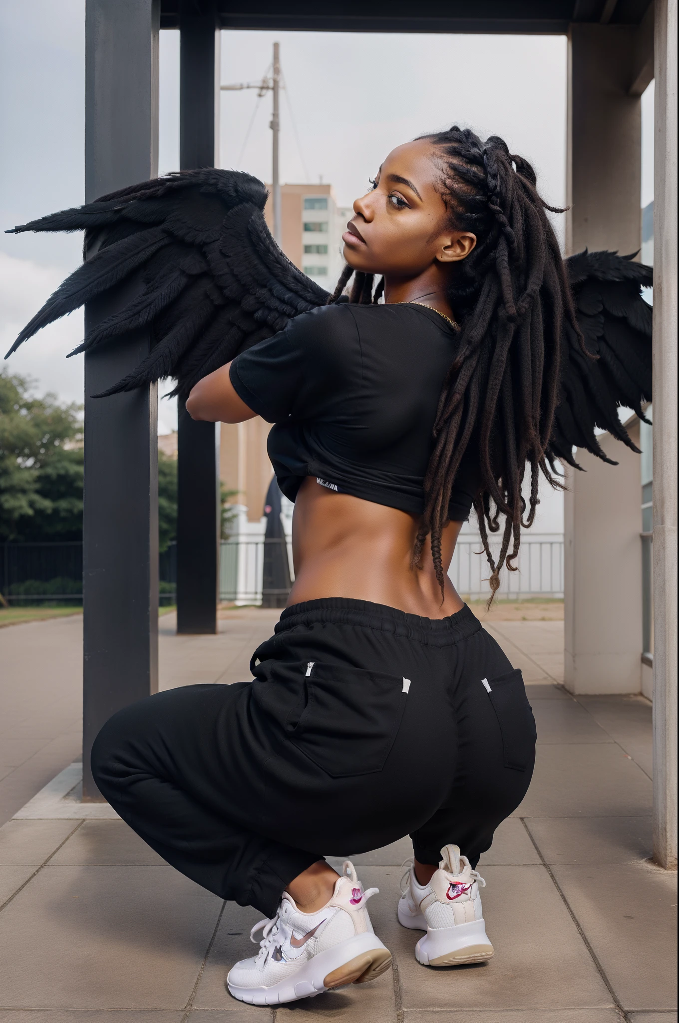 Flying black female angel with huge wings wearing baggy saggy urban clothing nike sneakers and dreadlock hair low crouch dip crowning low twerking flex her theighs glutes
