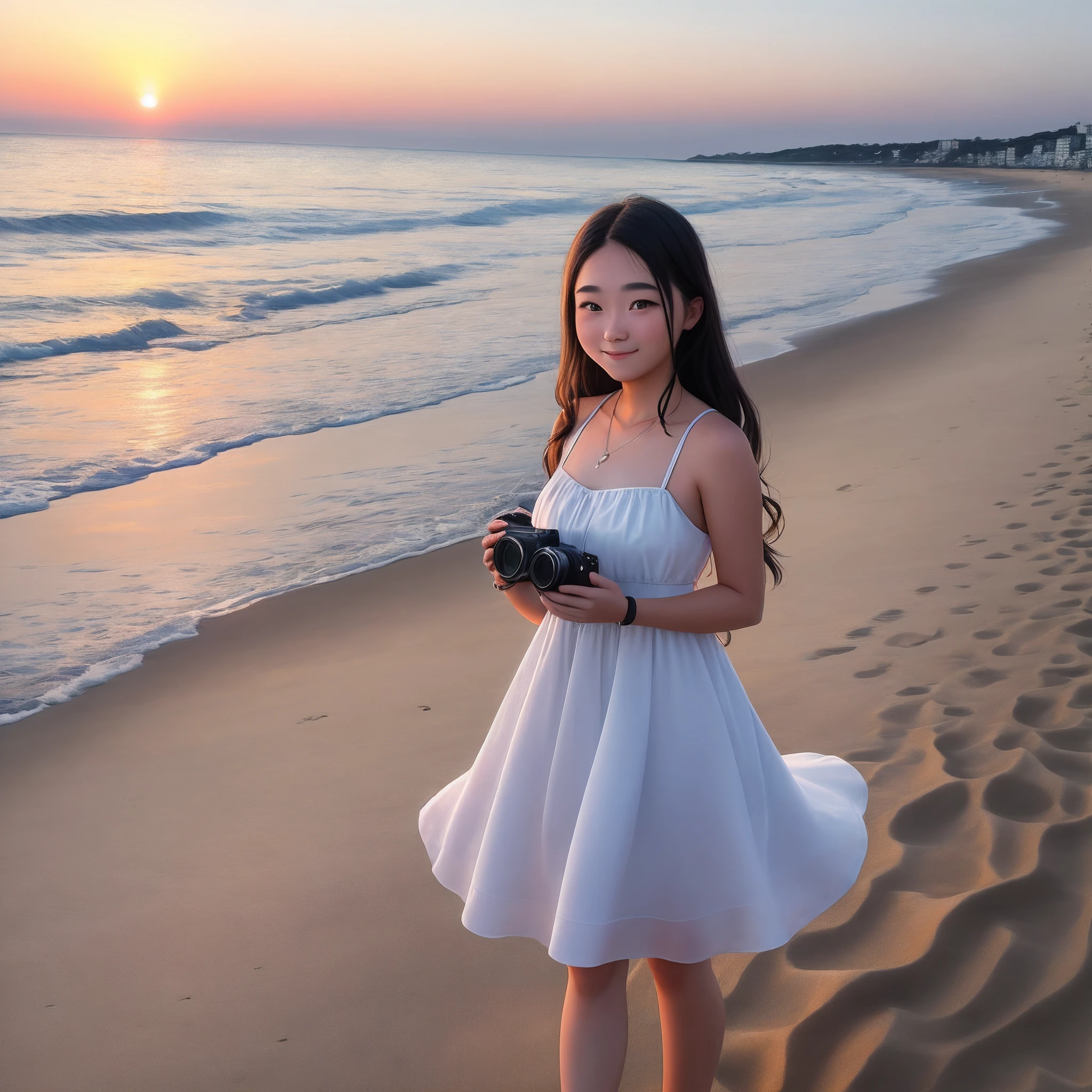 Twenty-year-old girl wearing a white dress on the beach and taking a full picture of the sunset