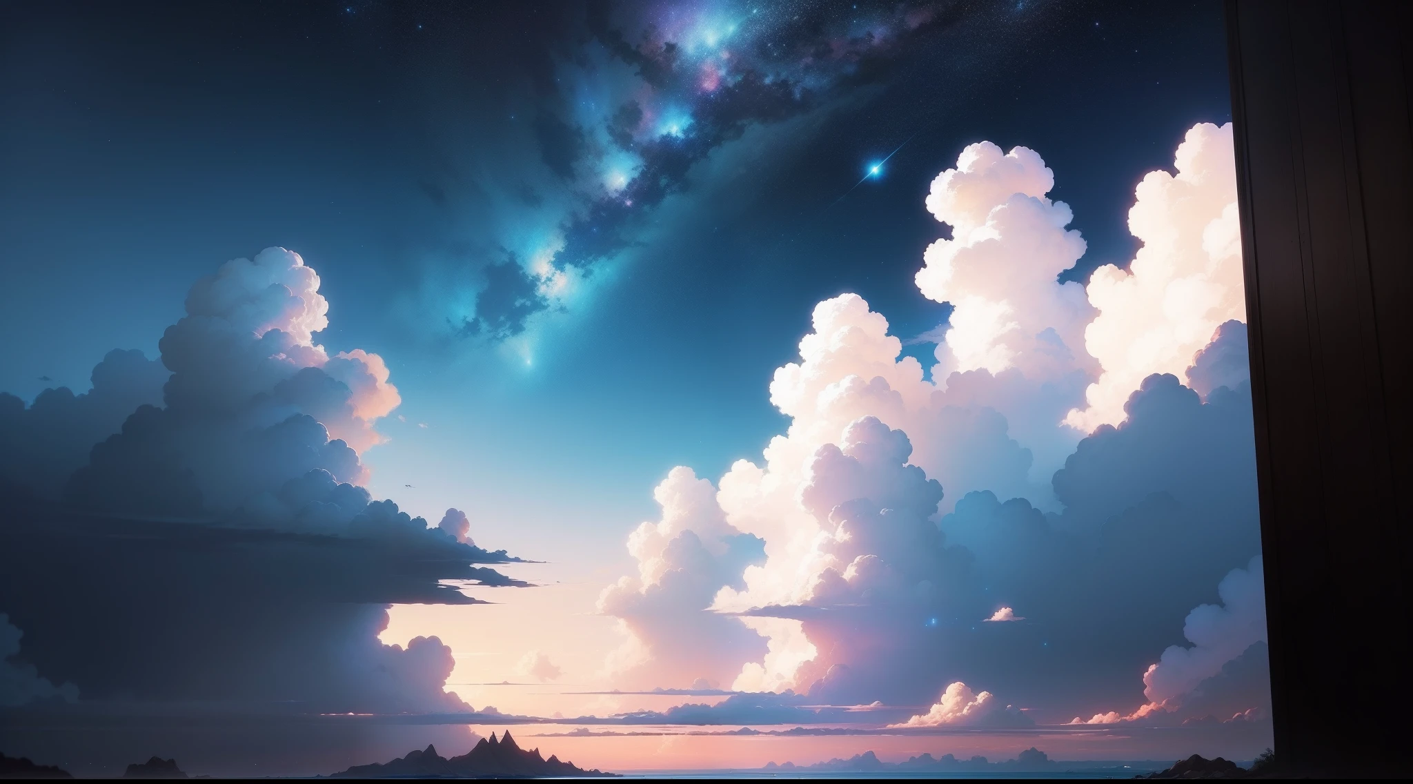 There is a painting of the sky with clouds and stars, Cosmos Sky. by makoto shinkai, Anime Sky, Blue Sea. by makoto shinkai, Anime Cloud, style of makoto shinkai, by Ross Tran. scenery background, in the style of makoto shinkai, By Shinkai Makoto. - H 2160, beautifull puffy clouds. Anime