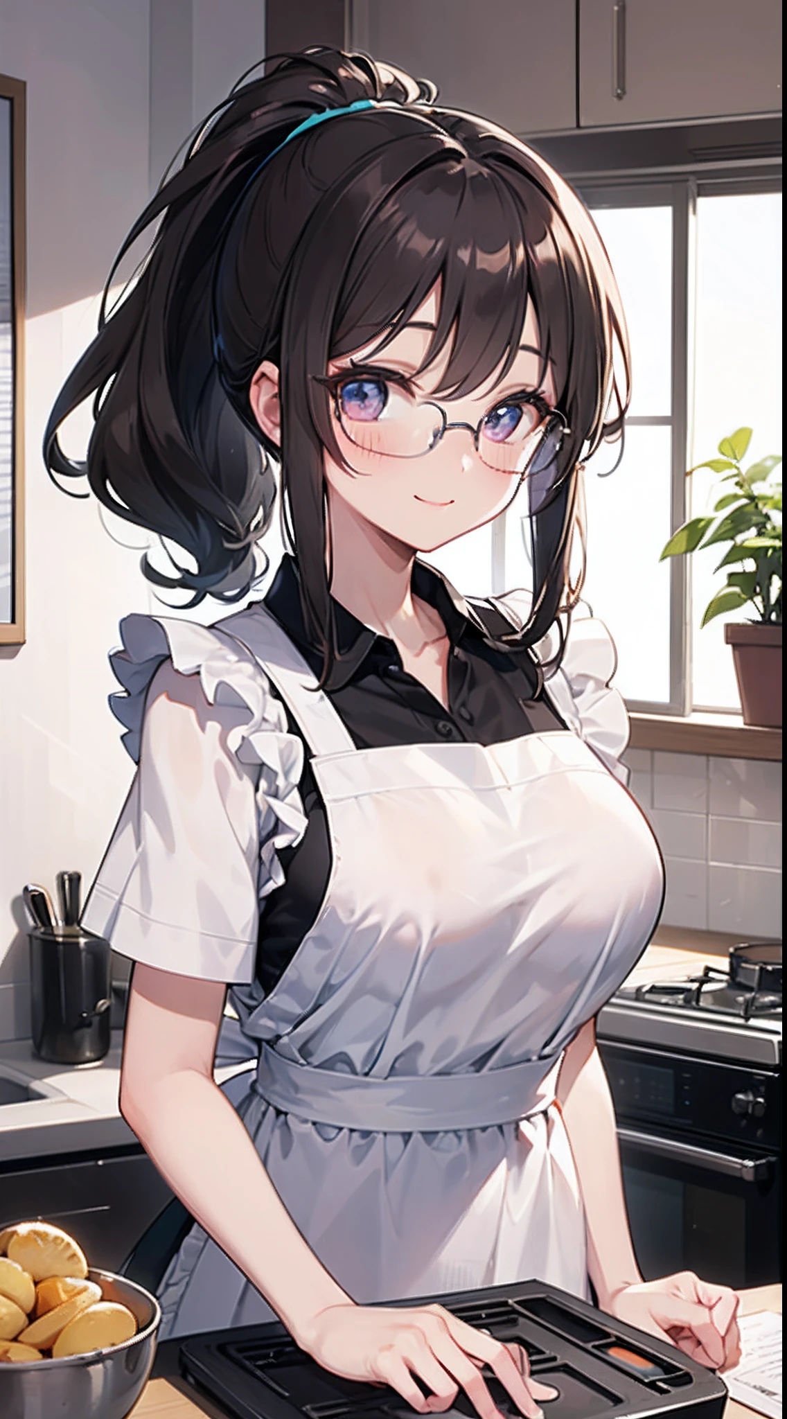 Anime girl in a kitchen with a laptop and a bowl of potatoes - SeaArt AI