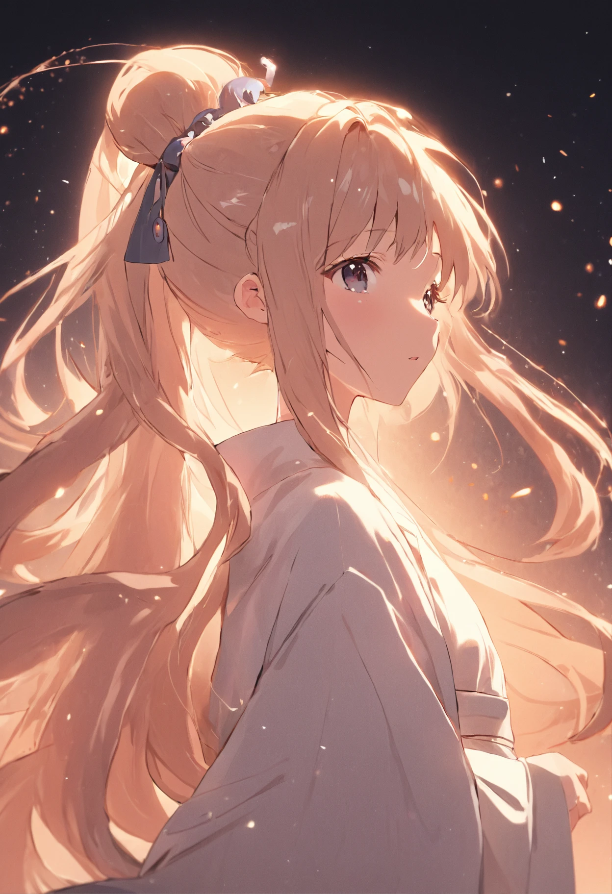 Create a girl with long ponytail with beige hair,Wear white Hanfu,Wear a whirlwind-type hairpin