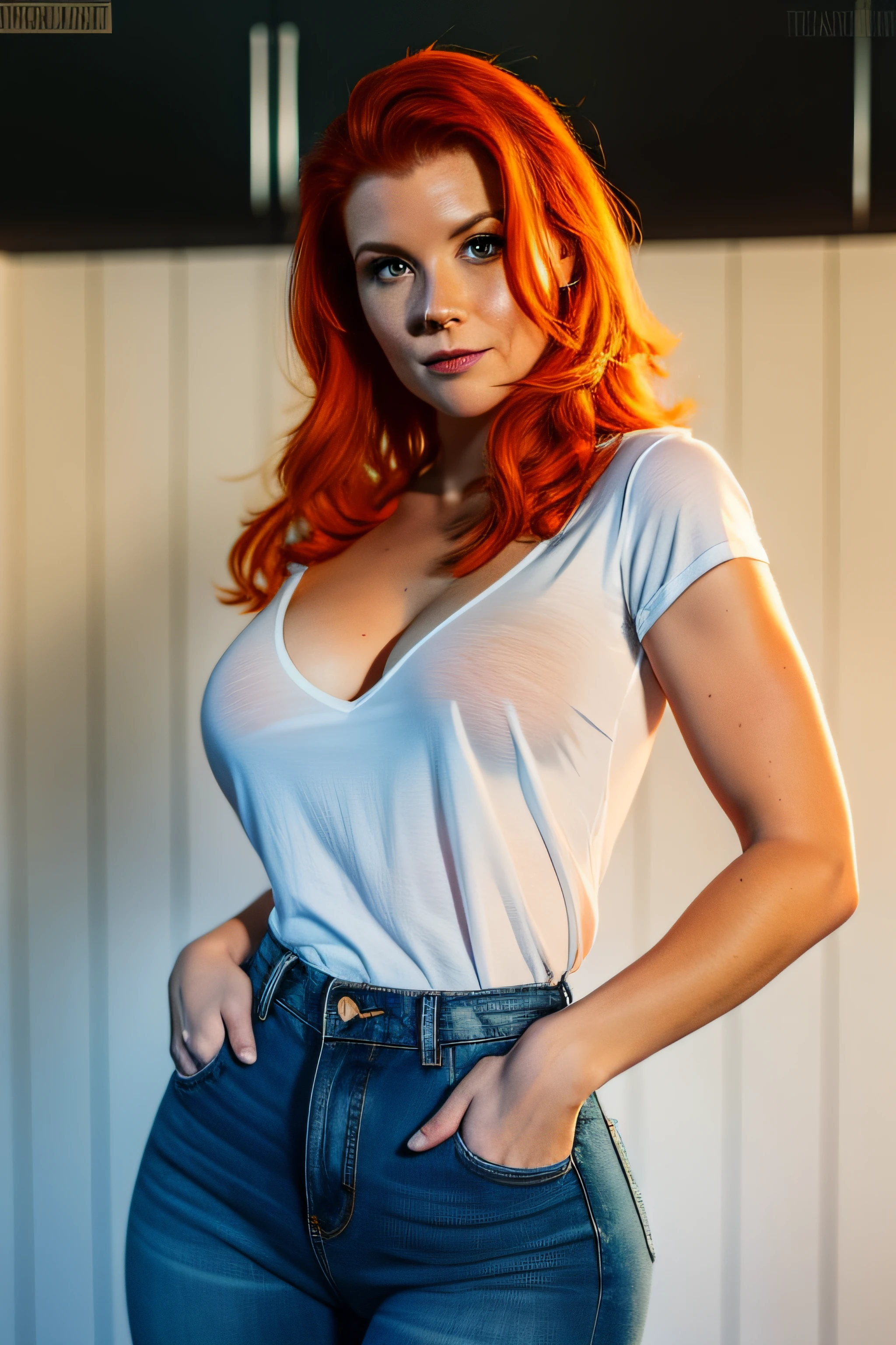 beautiful 25 year old australian woman, ginger hair, she wears a casual white shirt and pulls it down, huge beautiful breasts, huge tits, huge boobs, she wears super tight jeans, her arms are covered in tattoos full off colours, she stands seductively and looks at camera, she is fit, strong and has slim waist