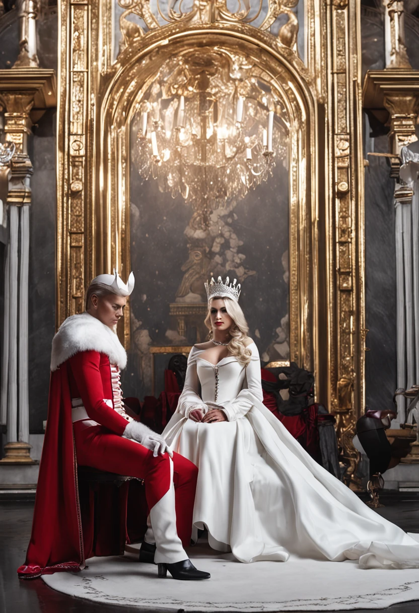 Beautiful and evil queen with a white mask,White mask,White stockings,white long gloves,Redcoat,Full body like,conservativelydressed,No shoes,unholy,Sit Pose,sitting on an royal throne,big breasts beautiful,whaite hair