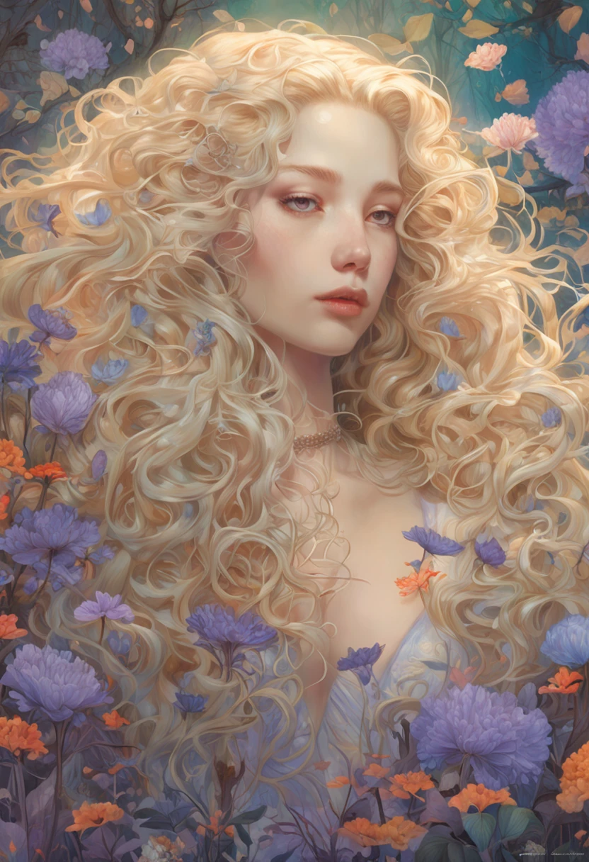 Violet Eve Garden,Long curly blonde hair, autumnal,fantasy, Sunlight, rays of sunshine, intricately details. 8K, Dreamlike, surrealism, Symmetrical, Soft lighting, trending on artstationh, Intricate details, art illustration by Miho Hirano, oil on the canvas, Oil painting, Heavy strokes,